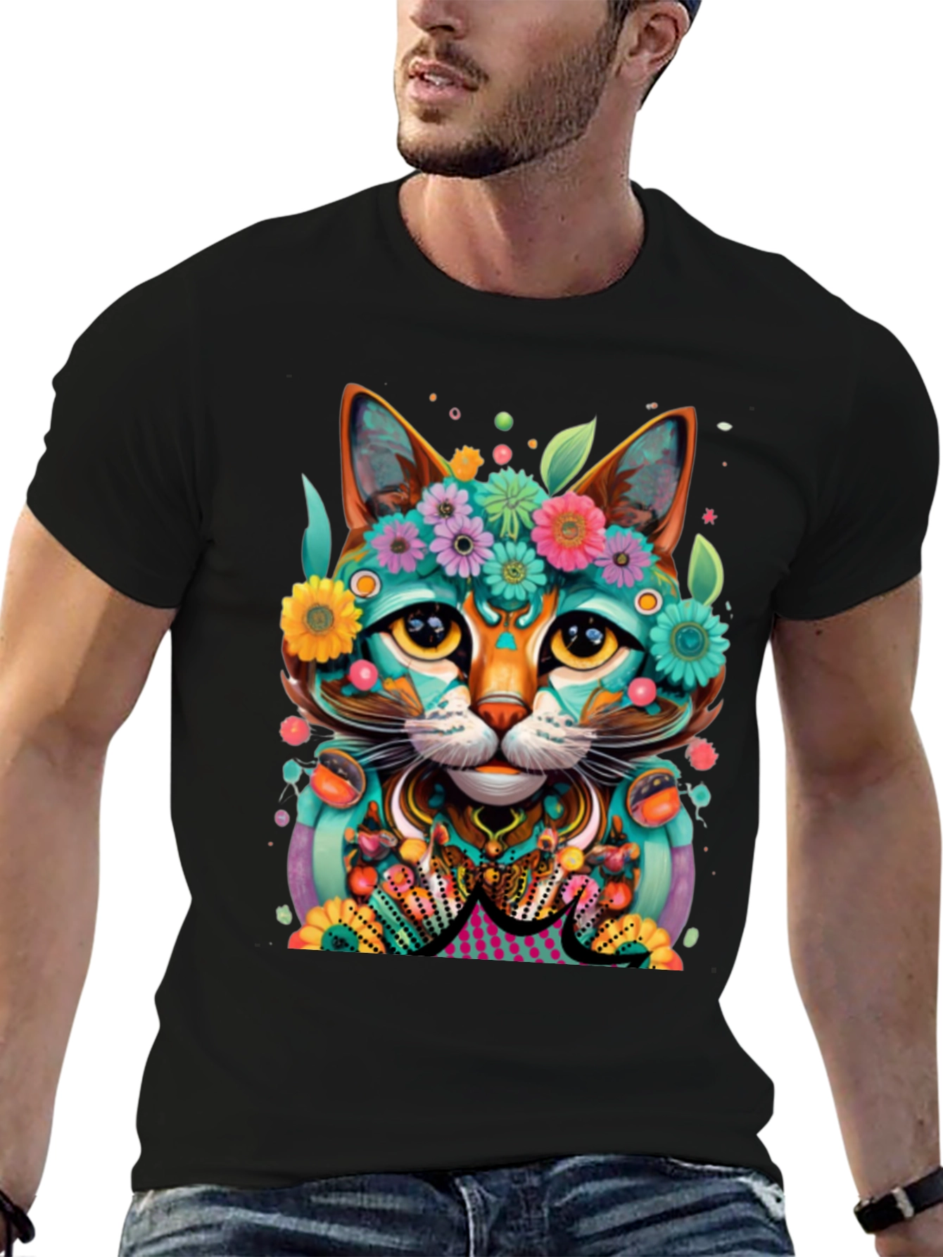 Floral Cat T-Shirt - Vibrant Graphic Tee