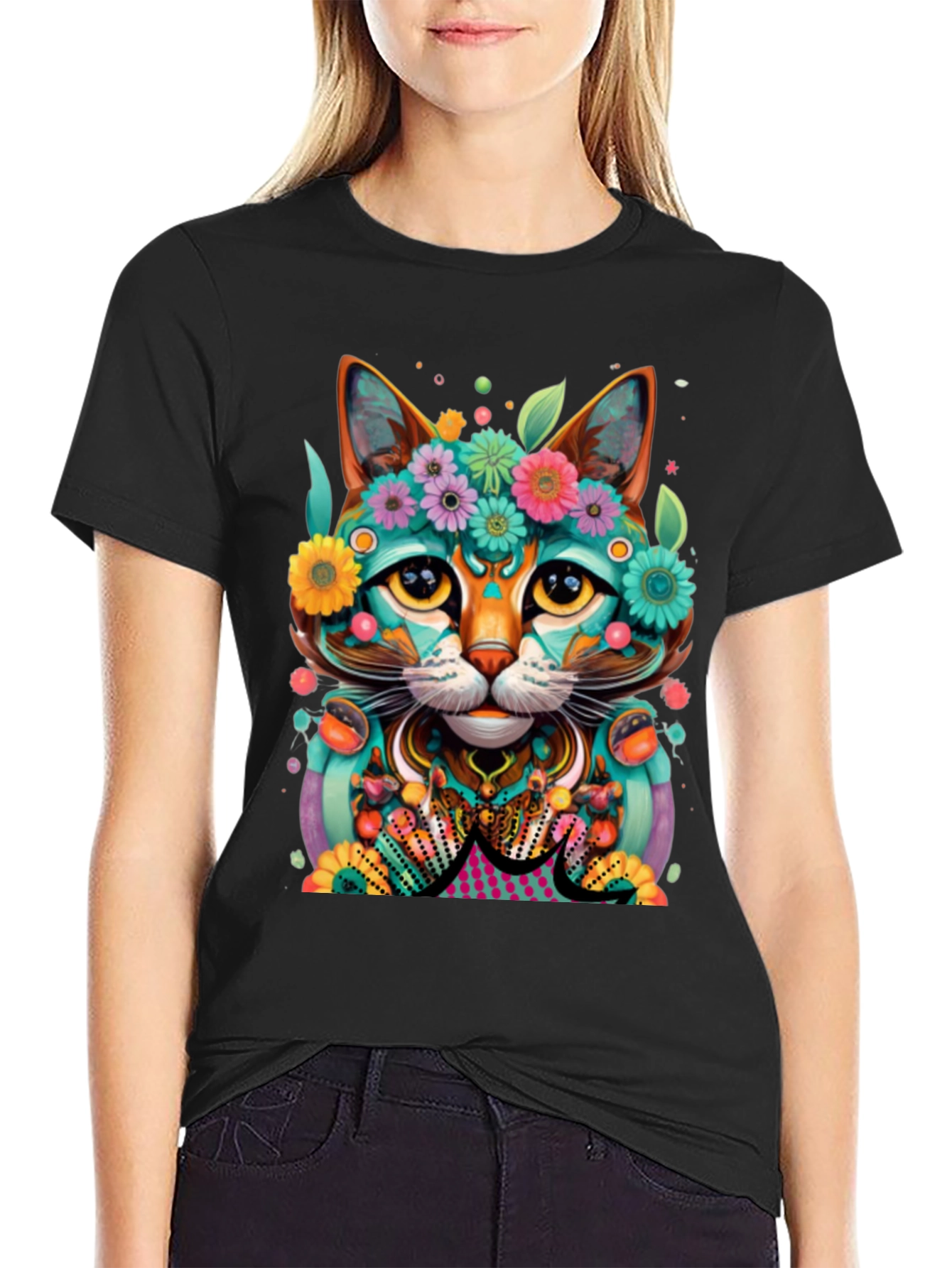 Floral Cat T-Shirt - Vibrant Graphic Tee