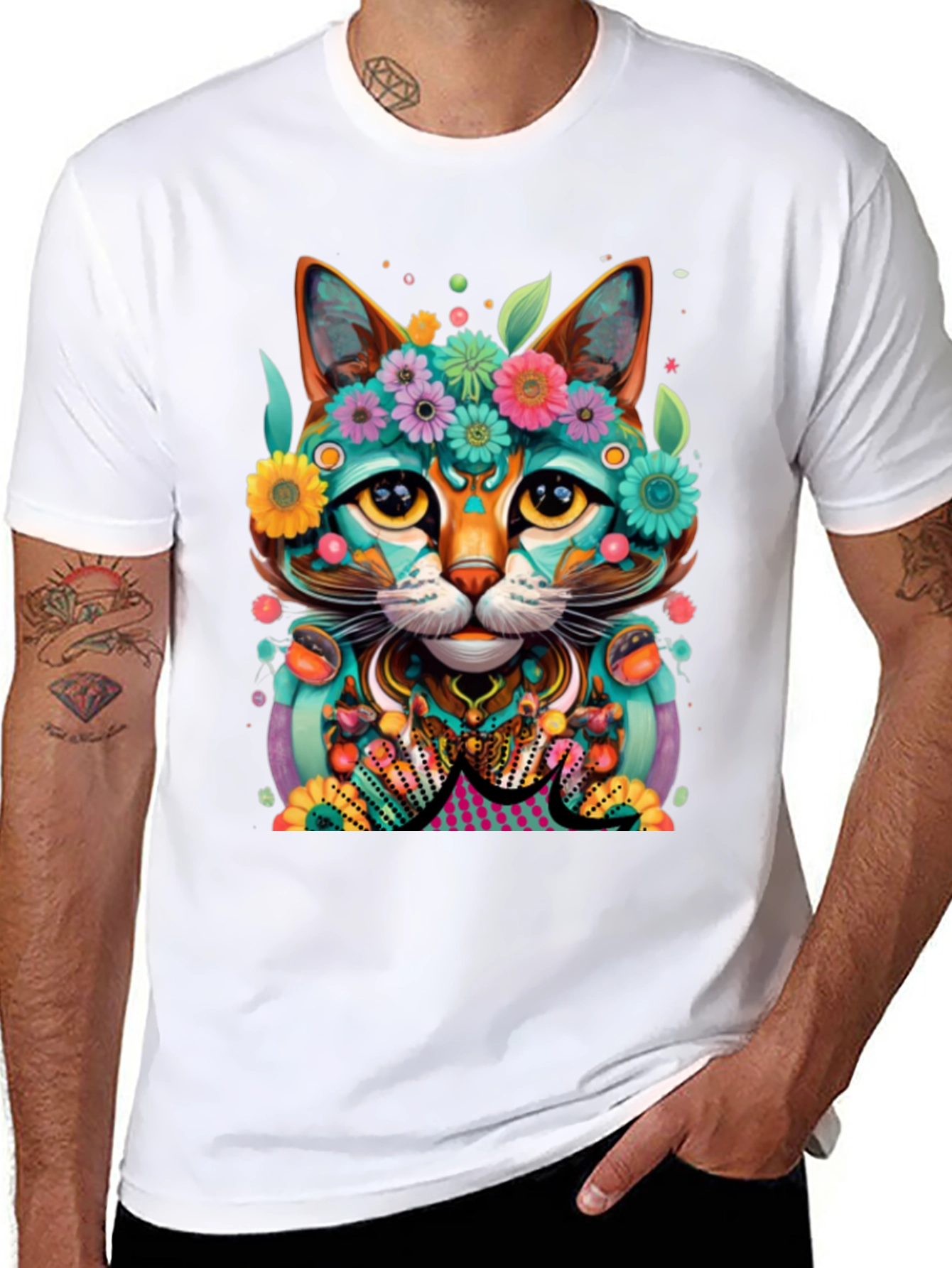 Floral Cat T-Shirt - Vibrant Graphic Tee