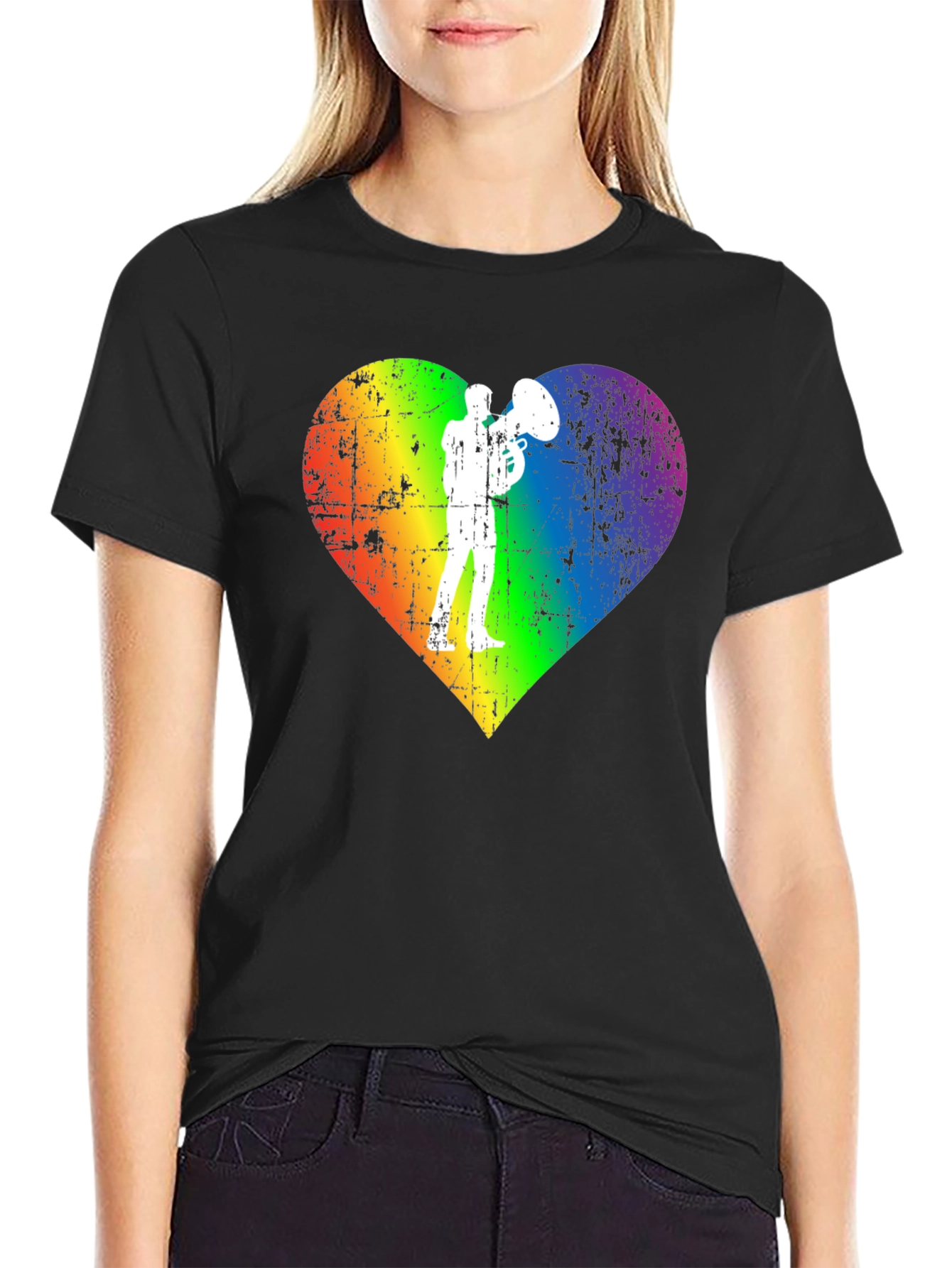 Rainbow Heart Tuba Player Black T-Shirt