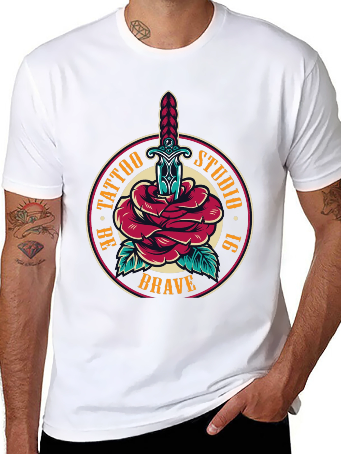Brave Tattoo Studio T-Shirt - Rose & Dagger Design