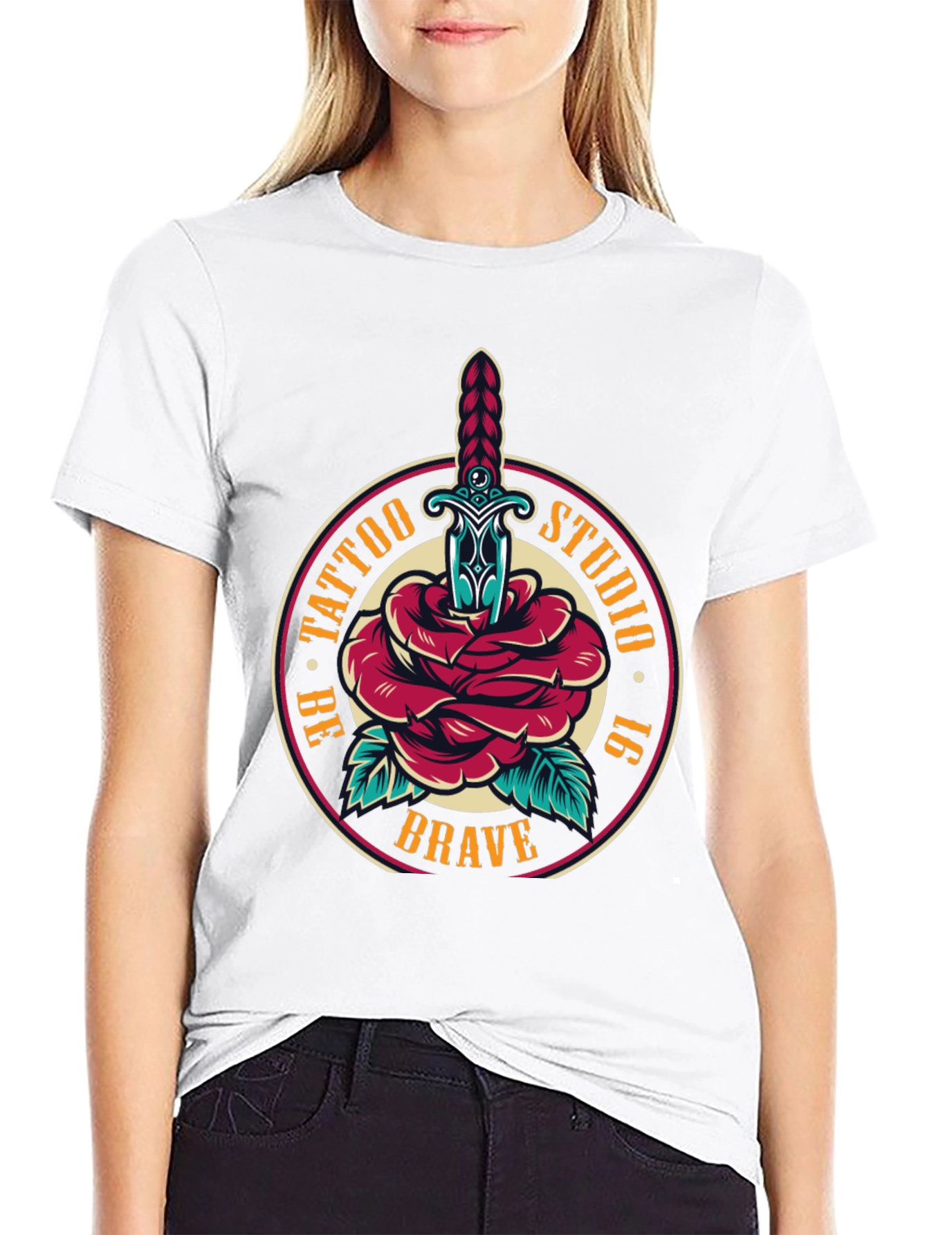 Brave Tattoo Studio T-Shirt - Rose & Dagger Design