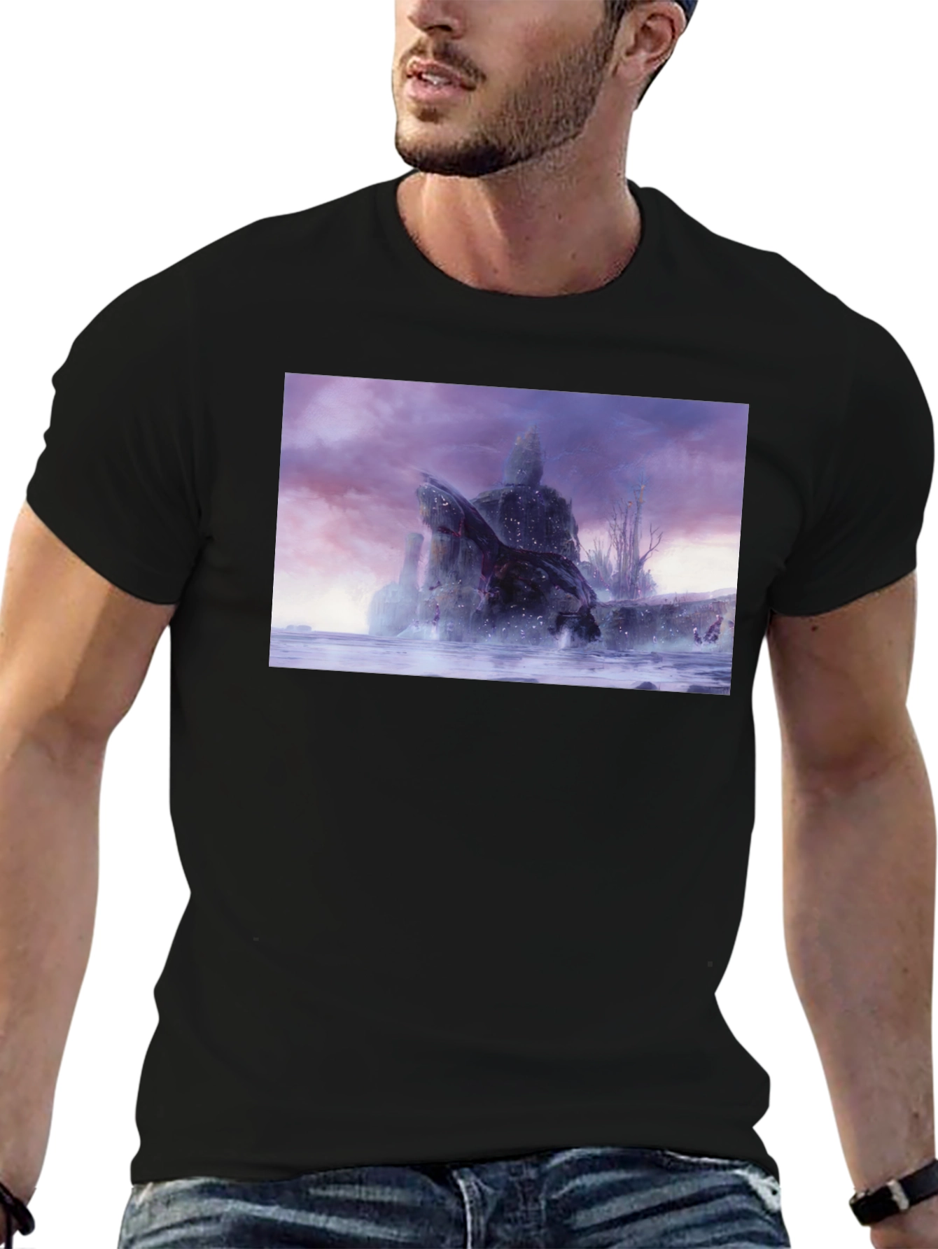 Black T-Shirt with Snowy Landscape Graphic