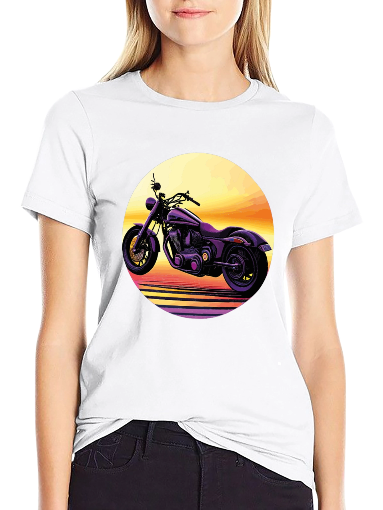 Retro Motorcycle Sunset Graphic Tee - Black
