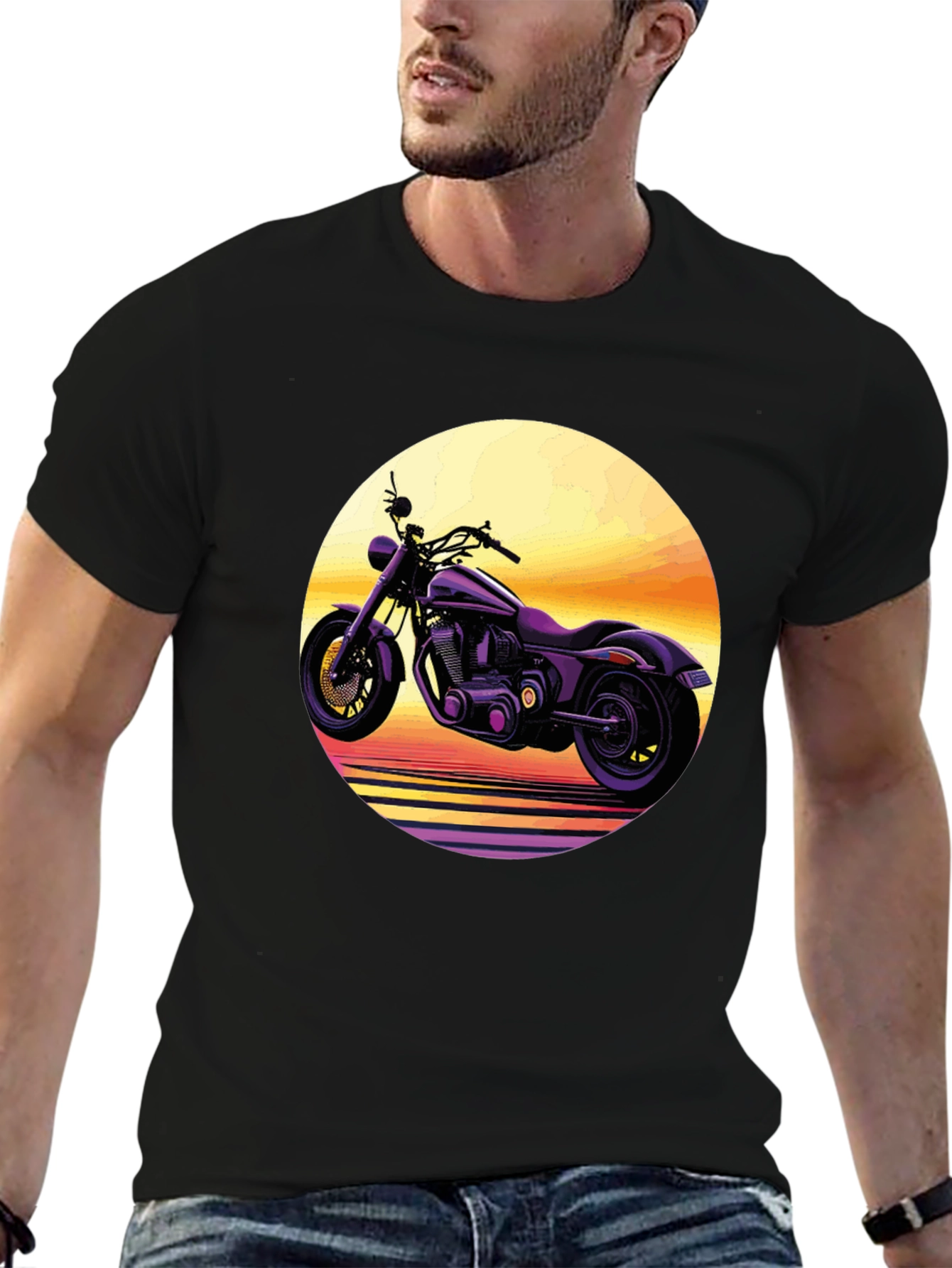 Retro Motorcycle Sunset Graphic Tee - Black