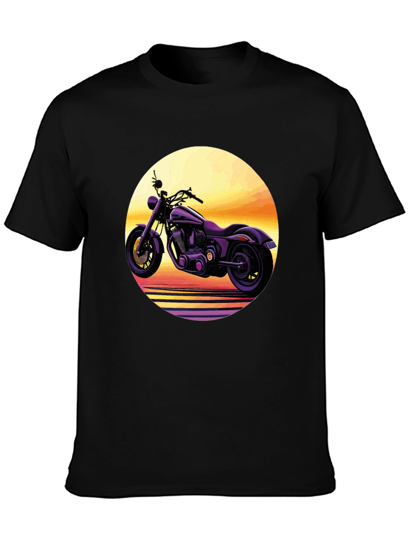 Retro Motorcycle Sunset Graphic Tee - Black