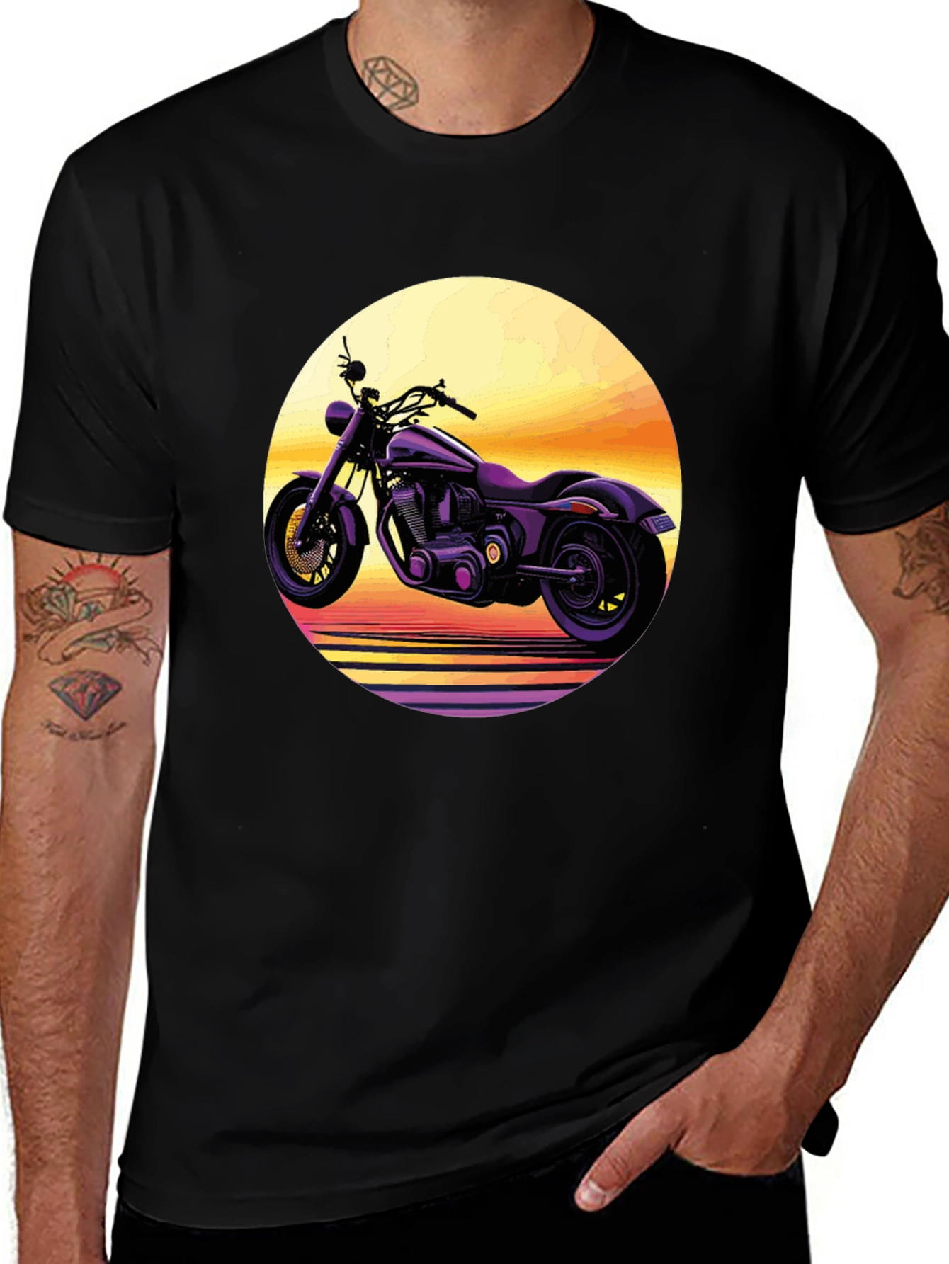 Retro Motorcycle Sunset Graphic Tee - Black