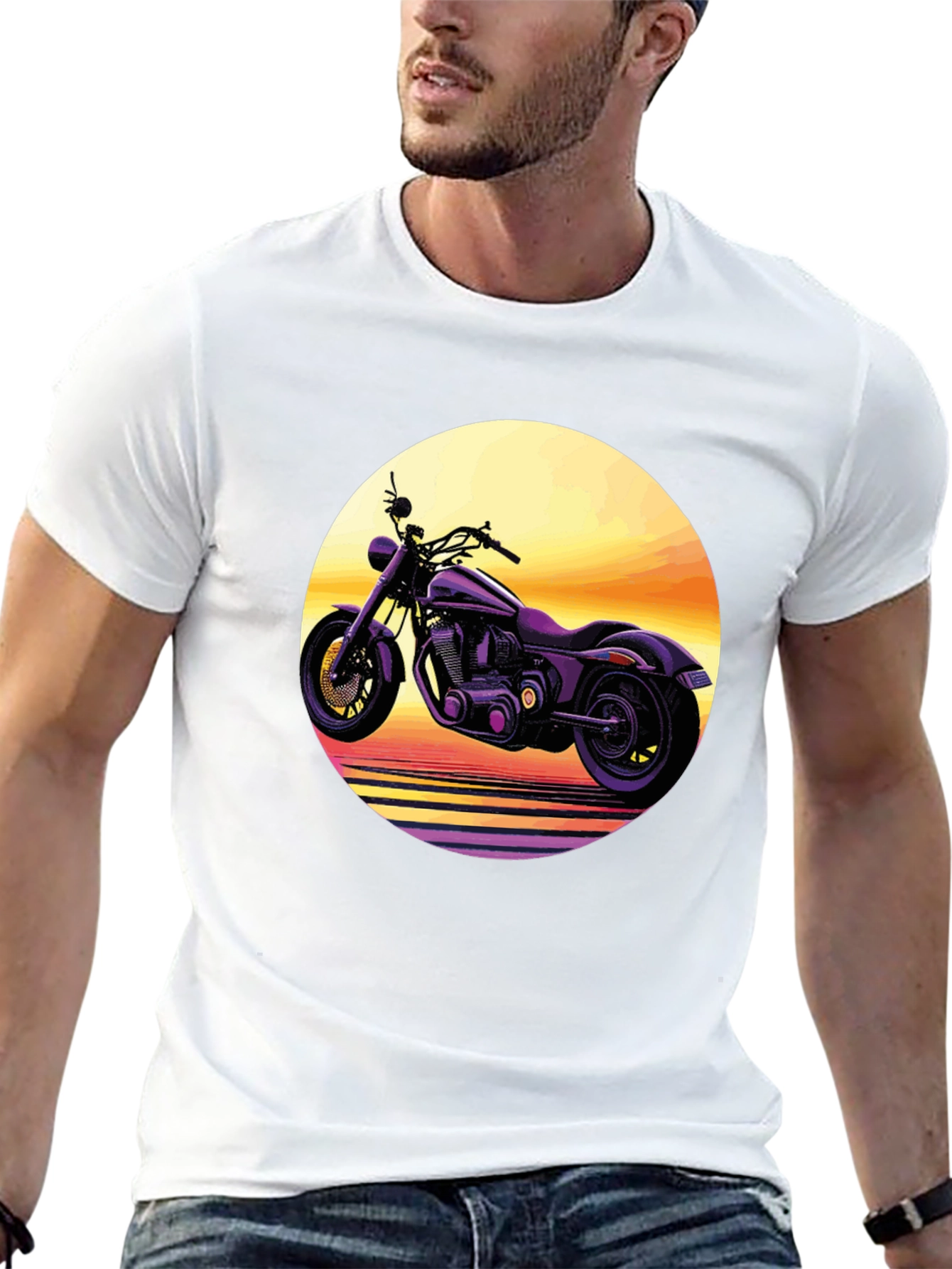 Retro Motorcycle Sunset Graphic Tee - Black