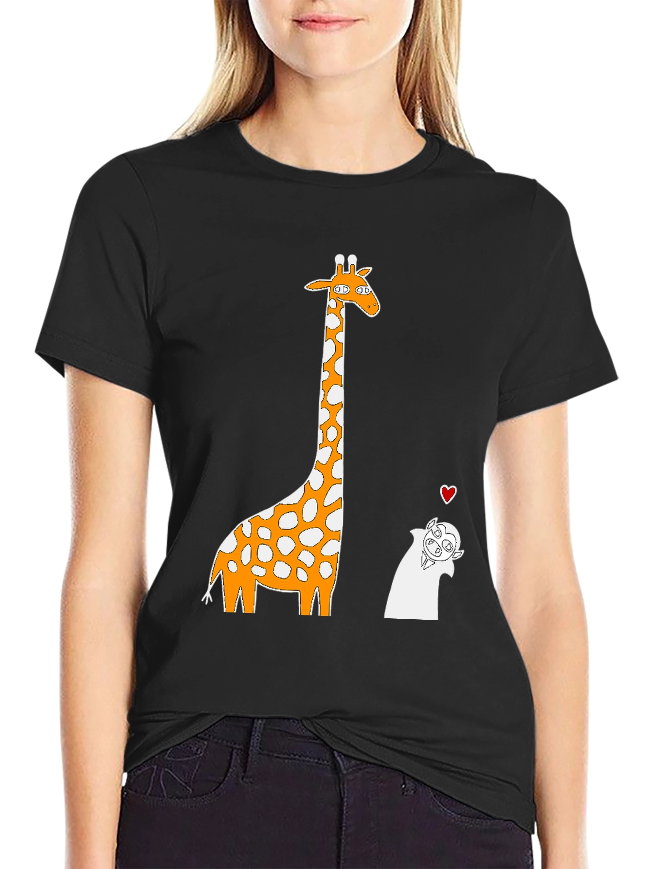 Giraffe and Vampire Cartoon T-Shirt - Black