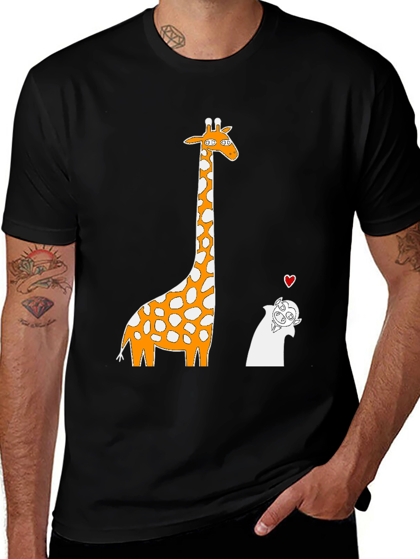 Giraffe and Vampire Cartoon T-Shirt - Black