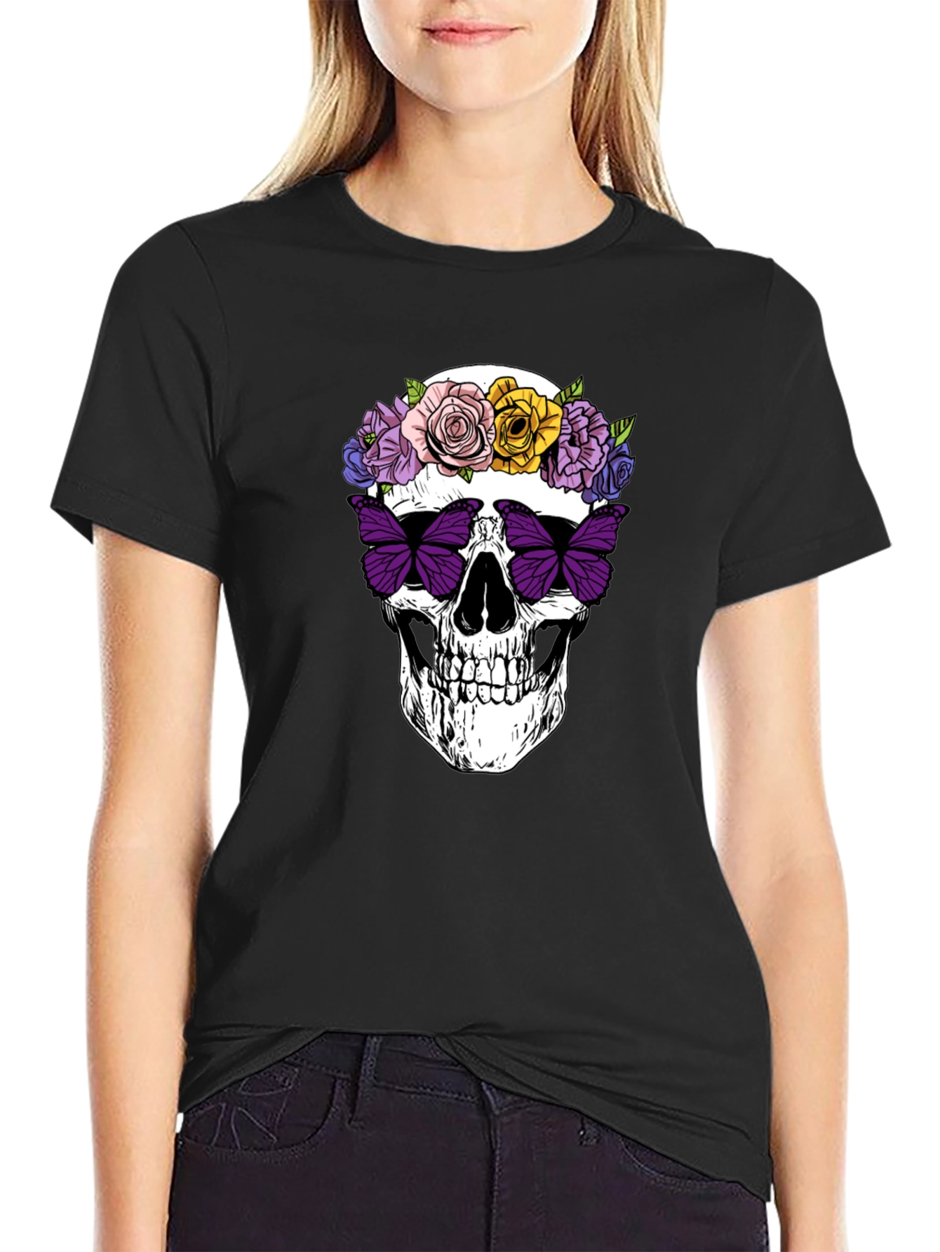 Skull with Flowers & Butterfly T-Shirt