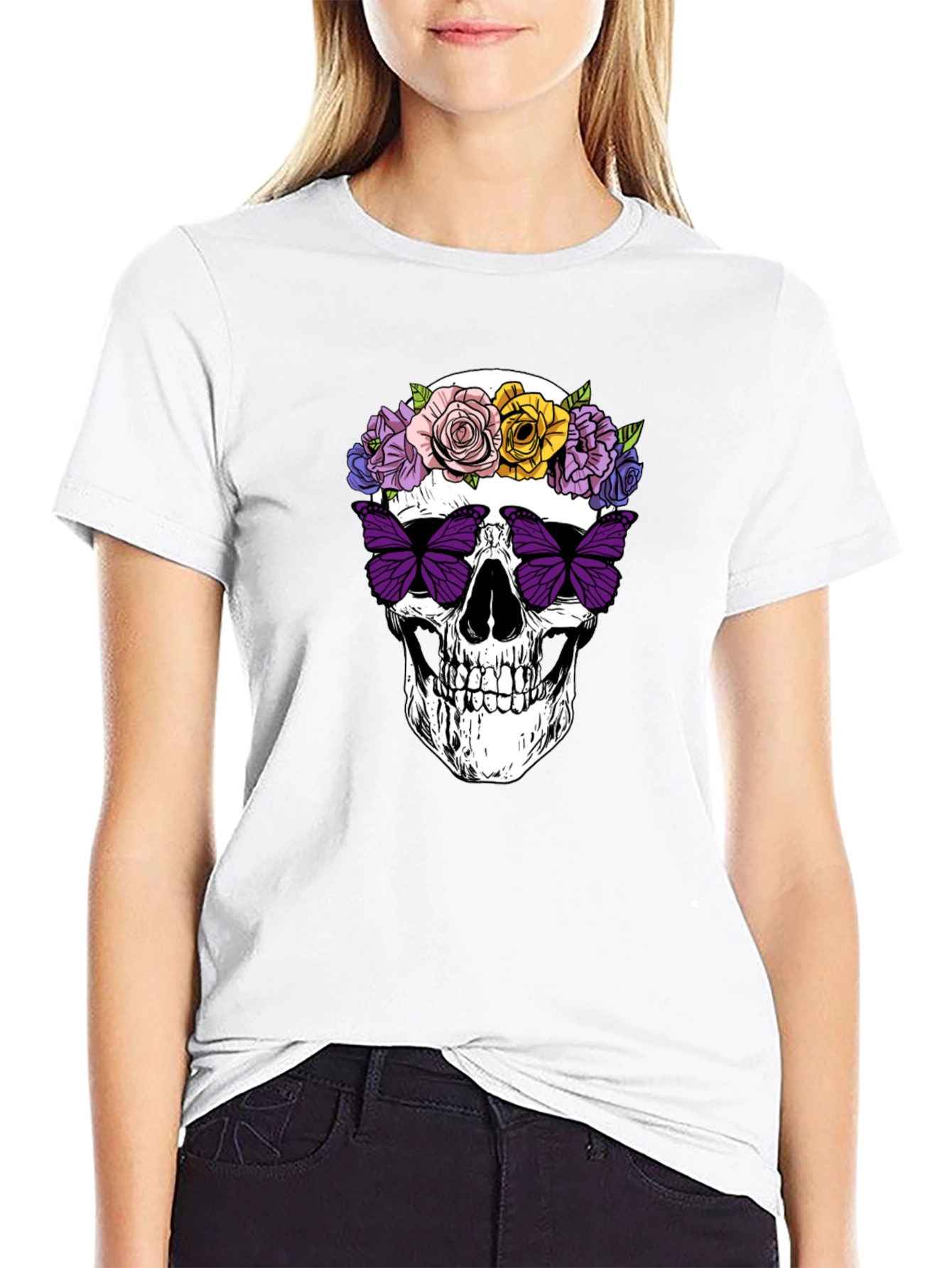 Skull with Flowers & Butterfly T-Shirt