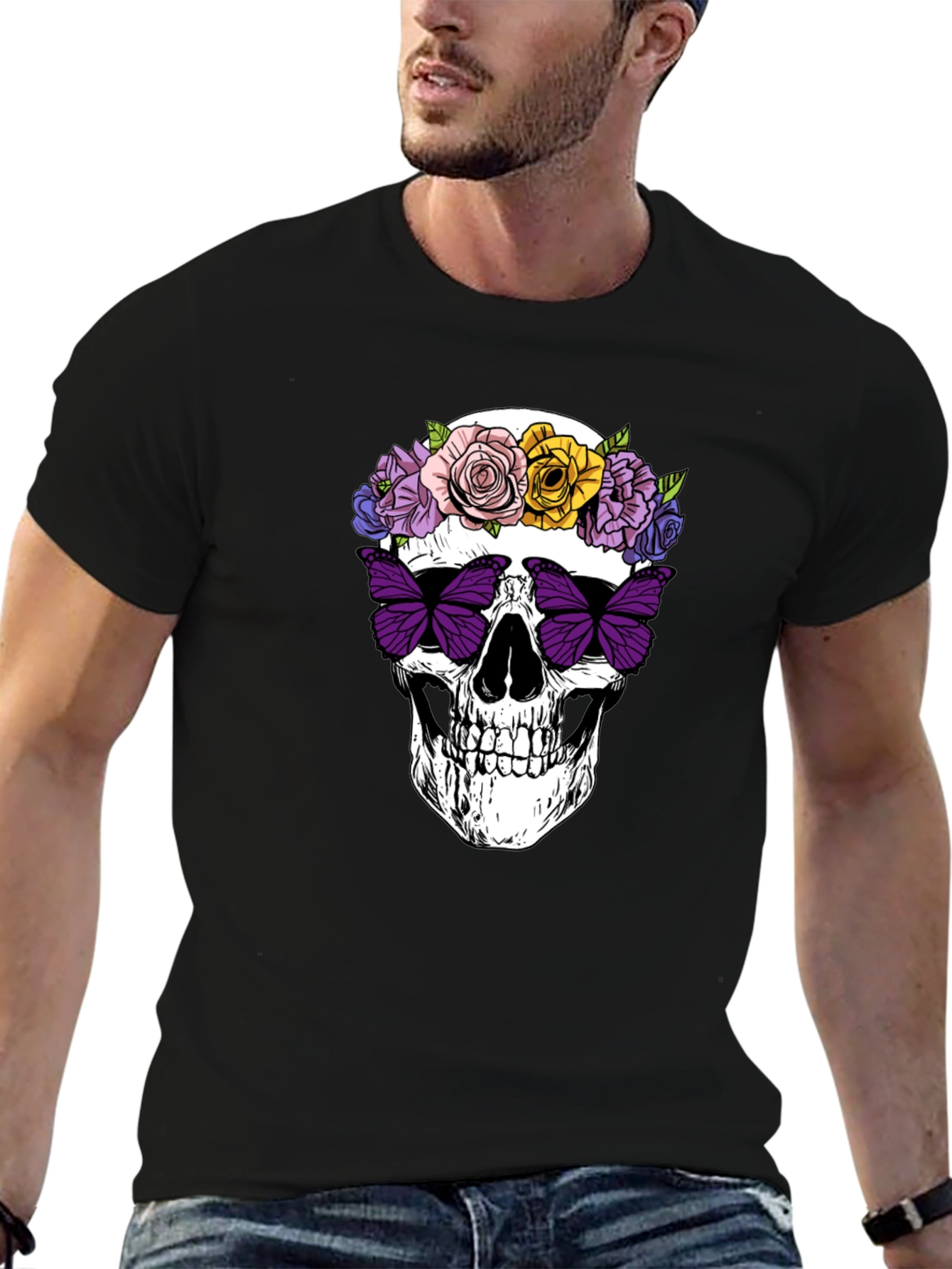 Skull with Flowers & Butterfly T-Shirt
