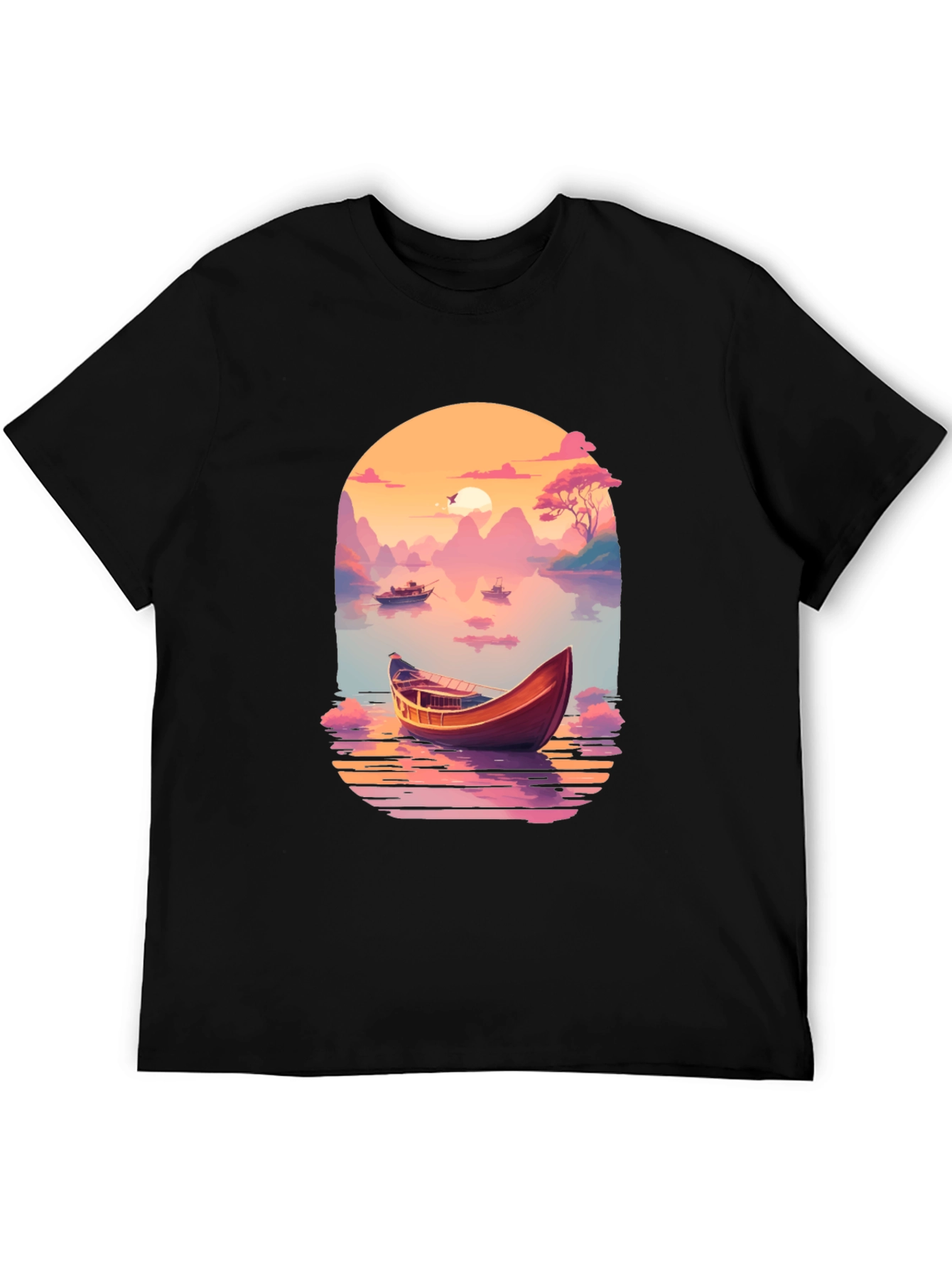 Scenic Lake Boat Graphic T-Shirt