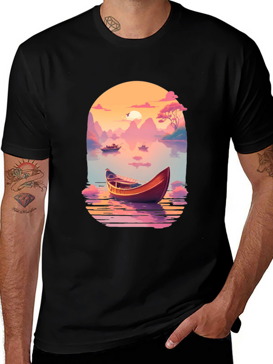 Scenic Lake Boat Graphic T-Shirt