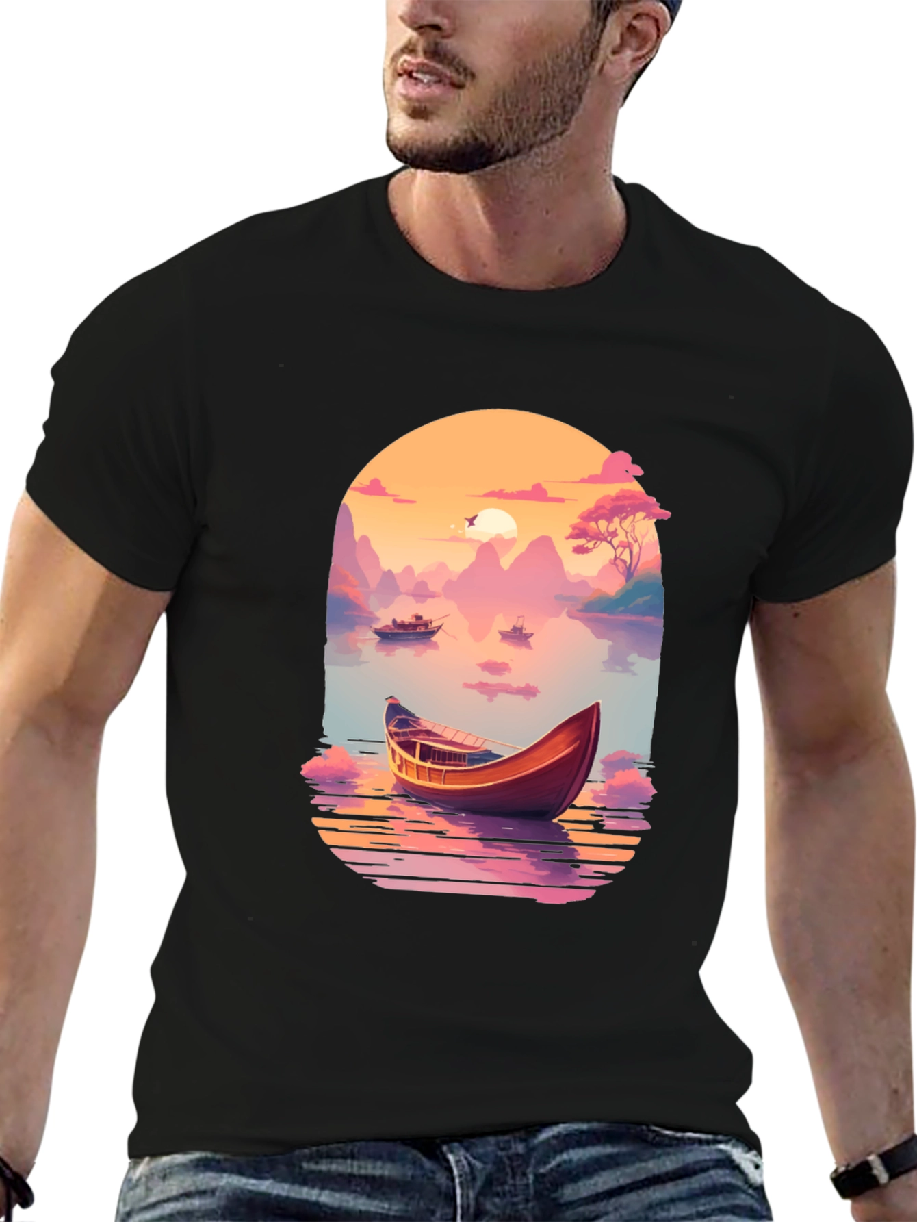 Scenic Lake Boat Graphic T-Shirt