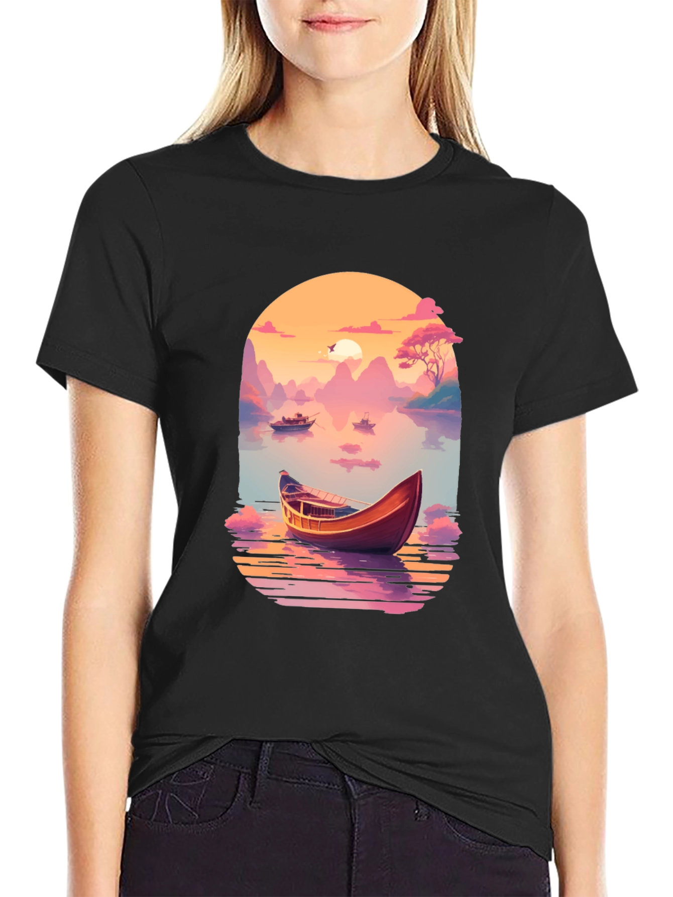 Scenic Lake Boat Graphic T-Shirt