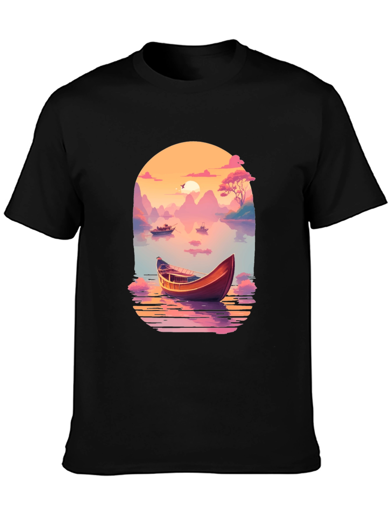 Scenic Lake Boat Graphic T-Shirt