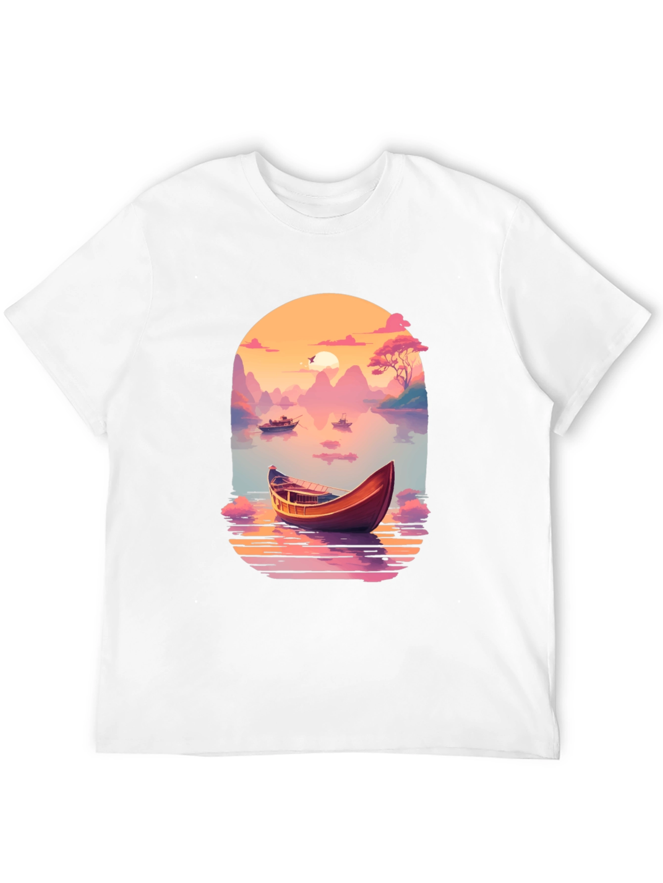 Scenic Lake Boat Graphic T-Shirt