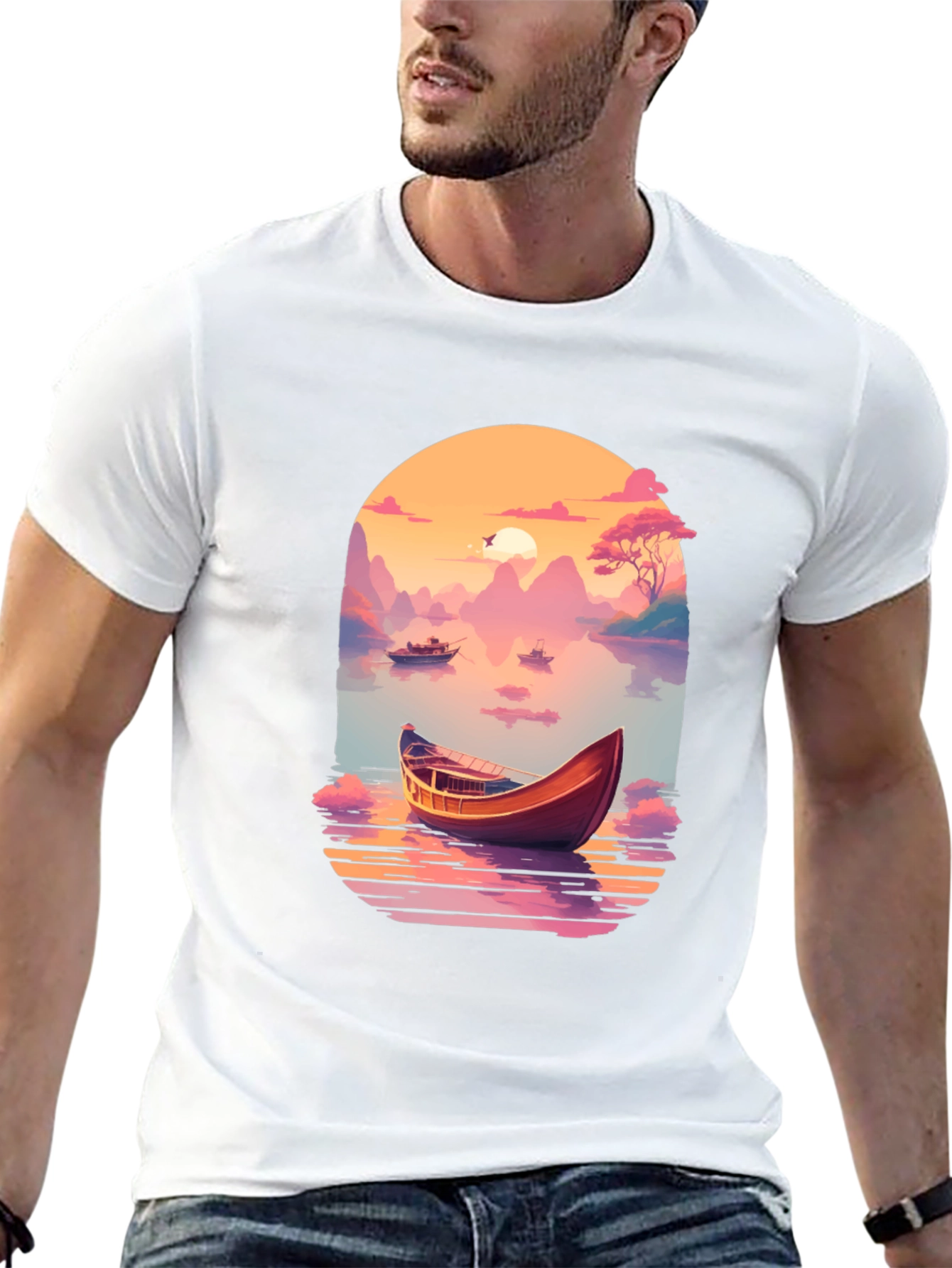 Scenic Lake Boat Graphic T-Shirt