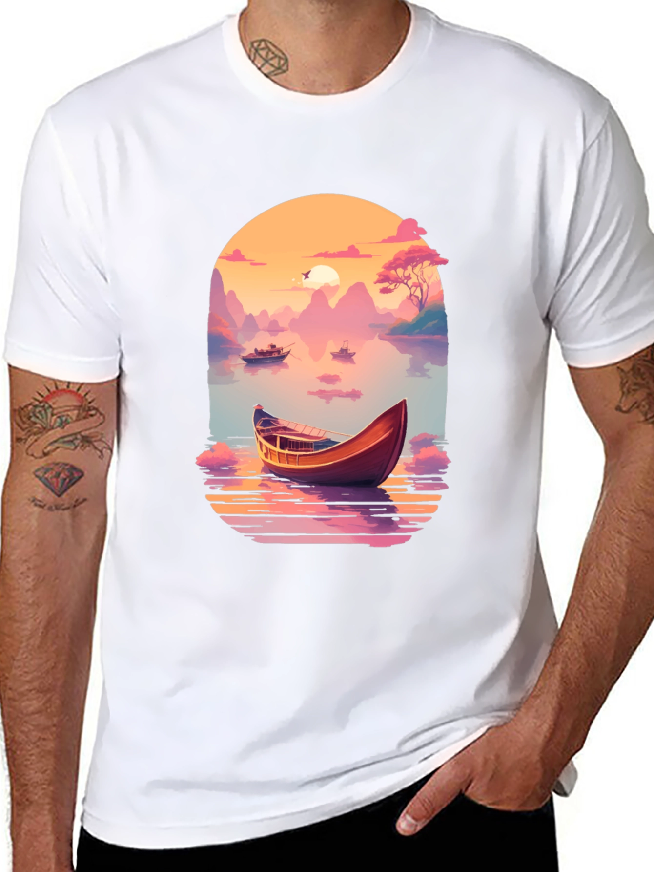 Scenic Lake Boat Graphic T-Shirt