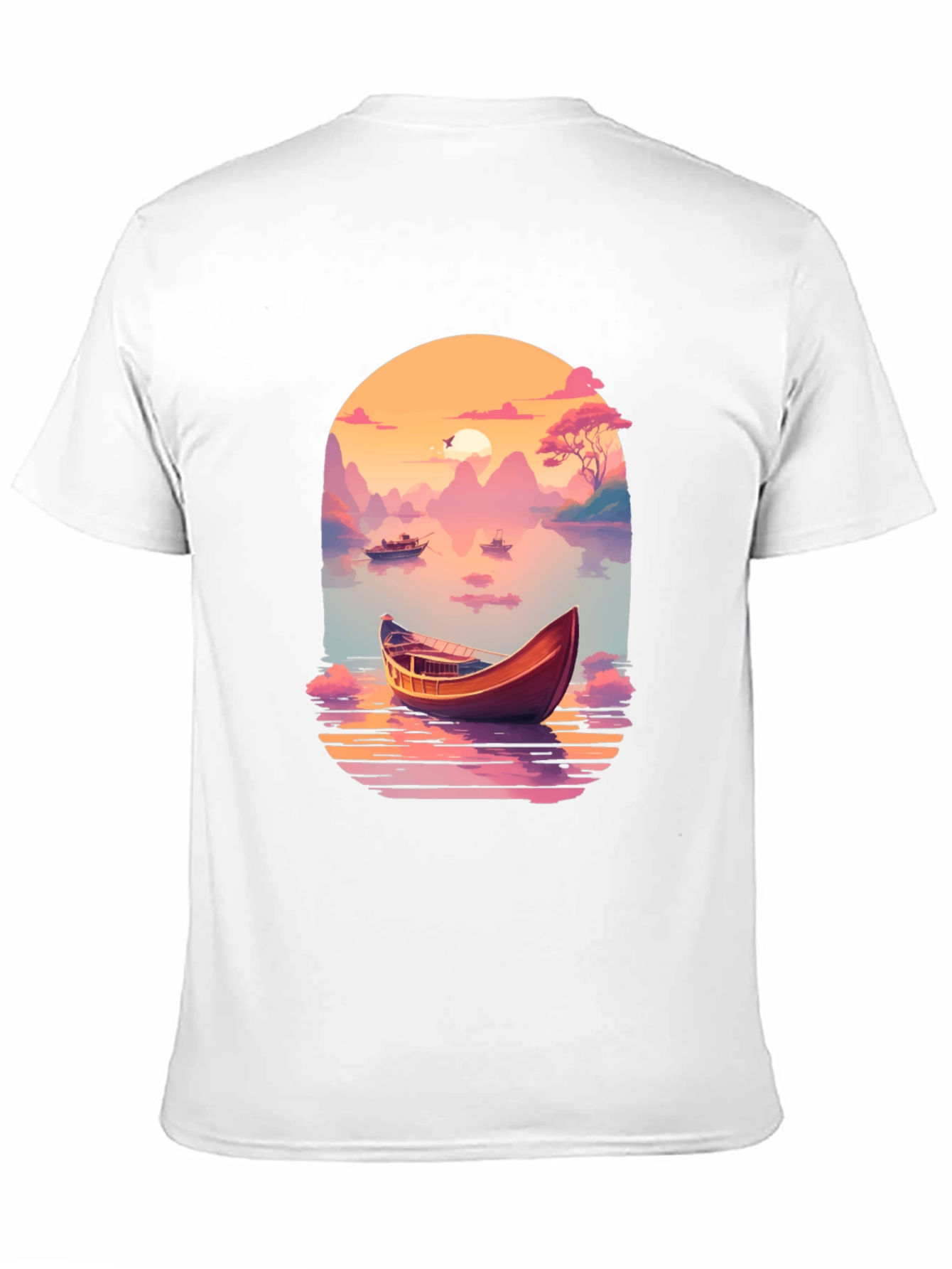 Scenic Lake Boat Graphic T-Shirt