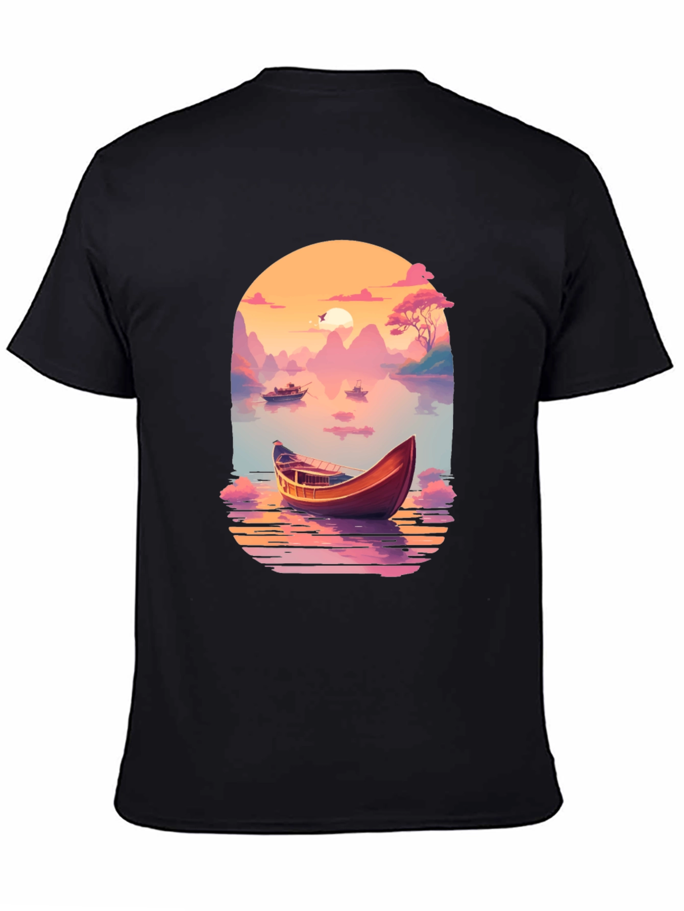 Scenic Lake Boat Graphic T-Shirt