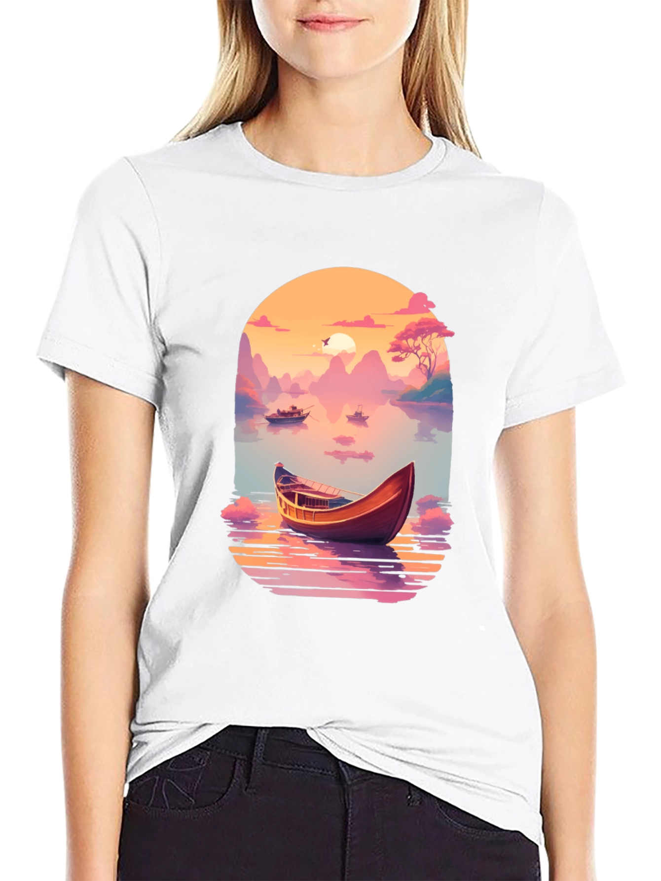 Scenic Lake Boat Graphic T-Shirt