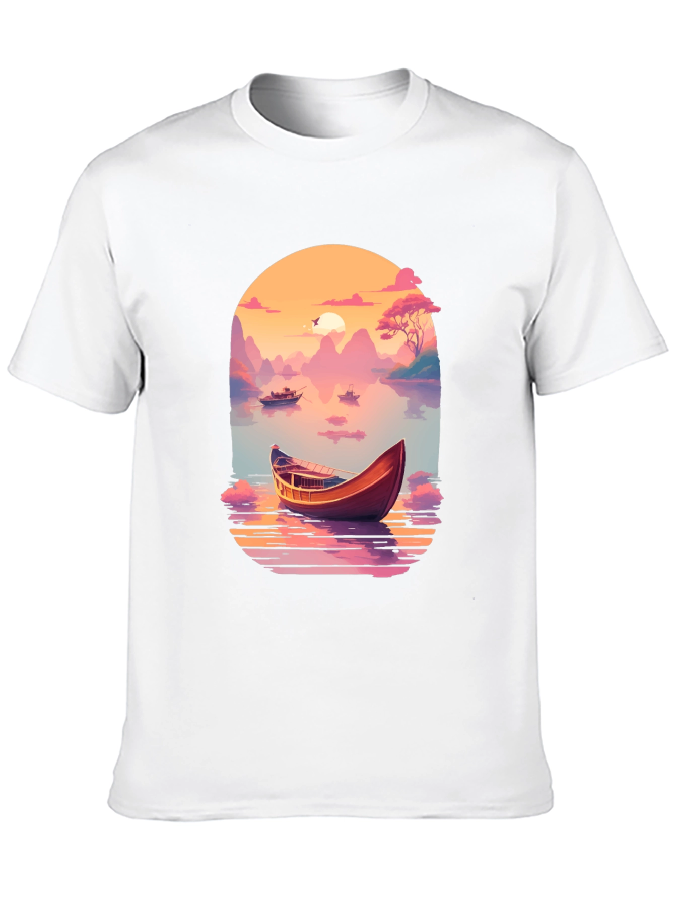 Scenic Lake Boat Graphic T-Shirt