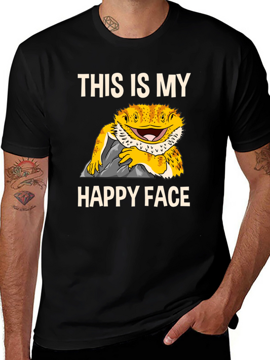 Bearded Dragon Happy Face Graphic Tee - Black Cotton T-Shirt