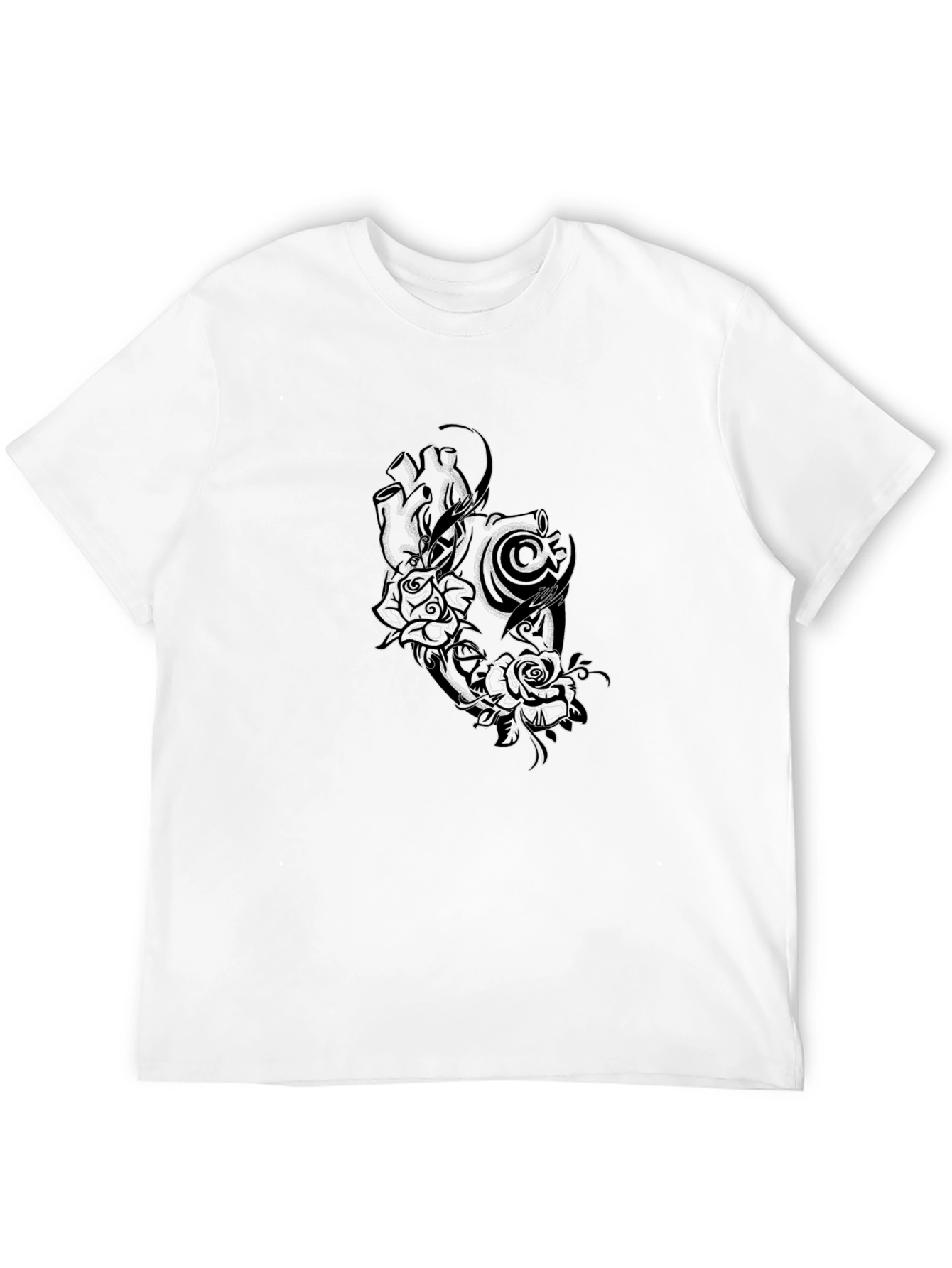 Black Tee with Rose and Tribal Design