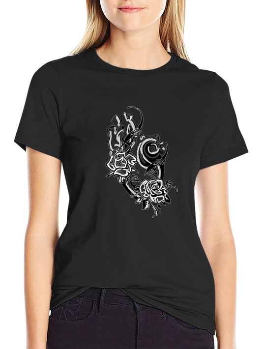 Black Tee with Rose and Tribal Design