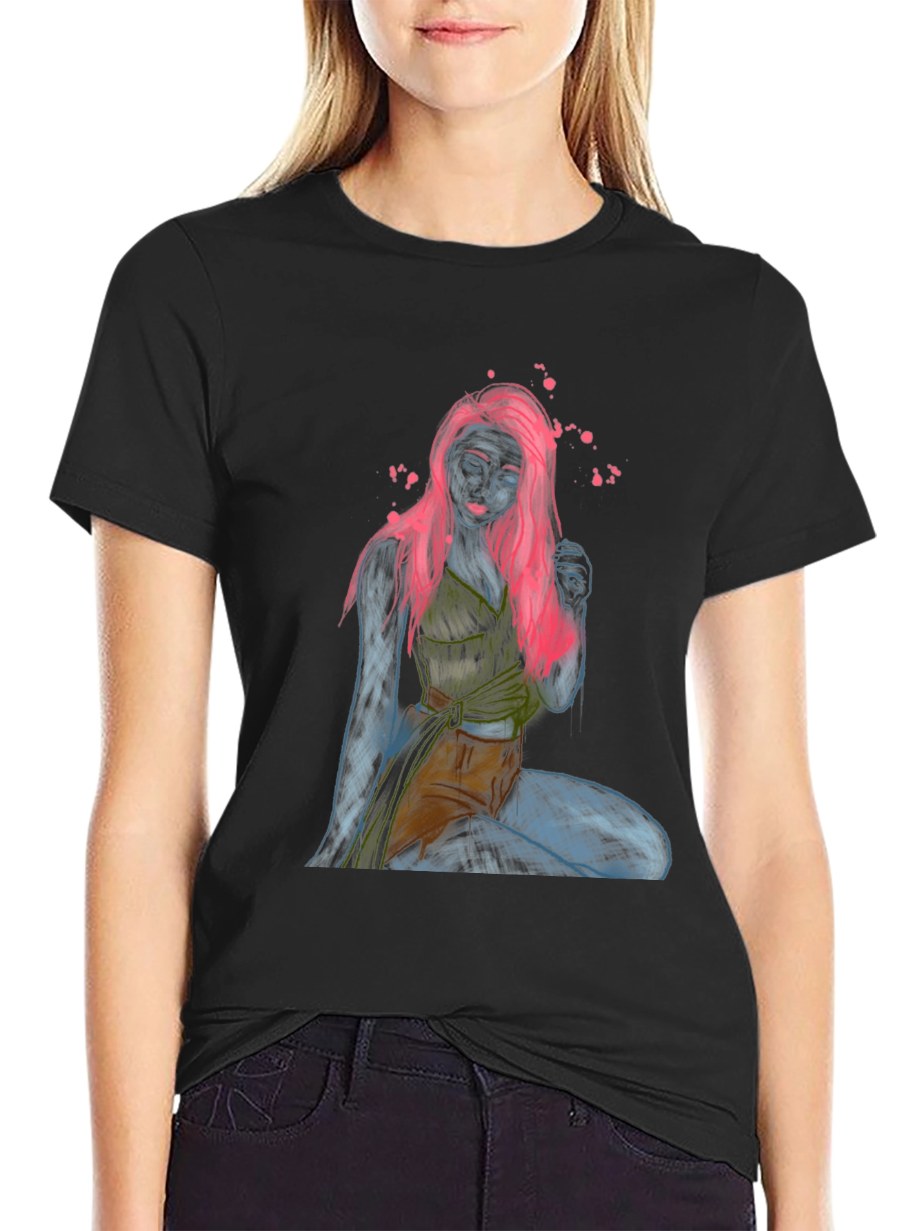 Unique Graphic T-Shirt: Neon Sketch Woman Design