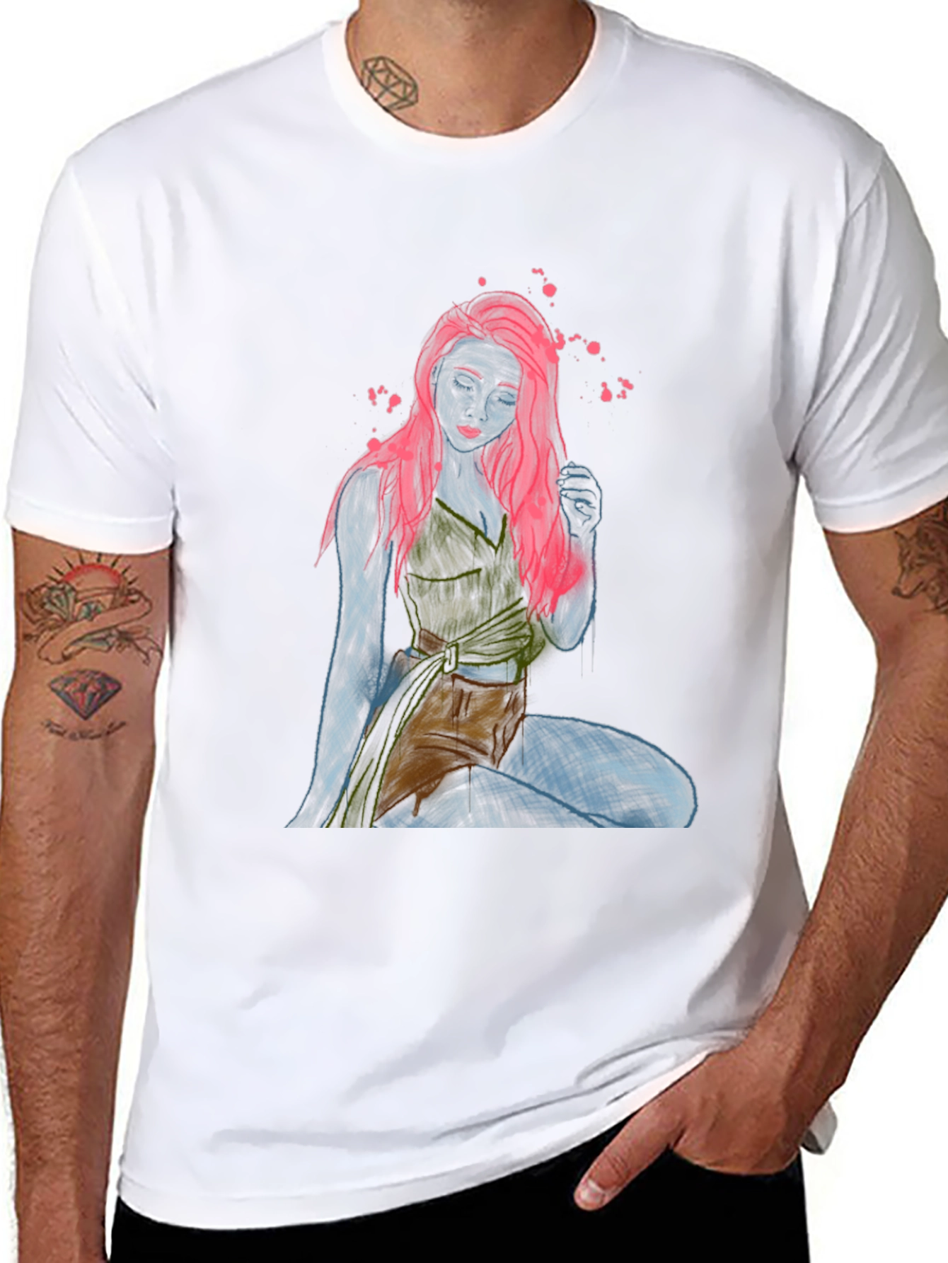 Unique Graphic T-Shirt: Neon Sketch Woman Design