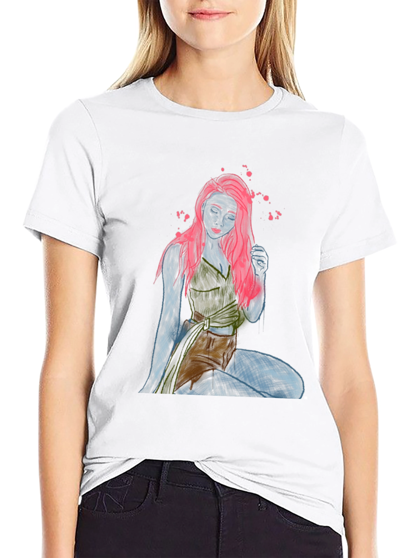 Unique Graphic T-Shirt: Neon Sketch Woman Design