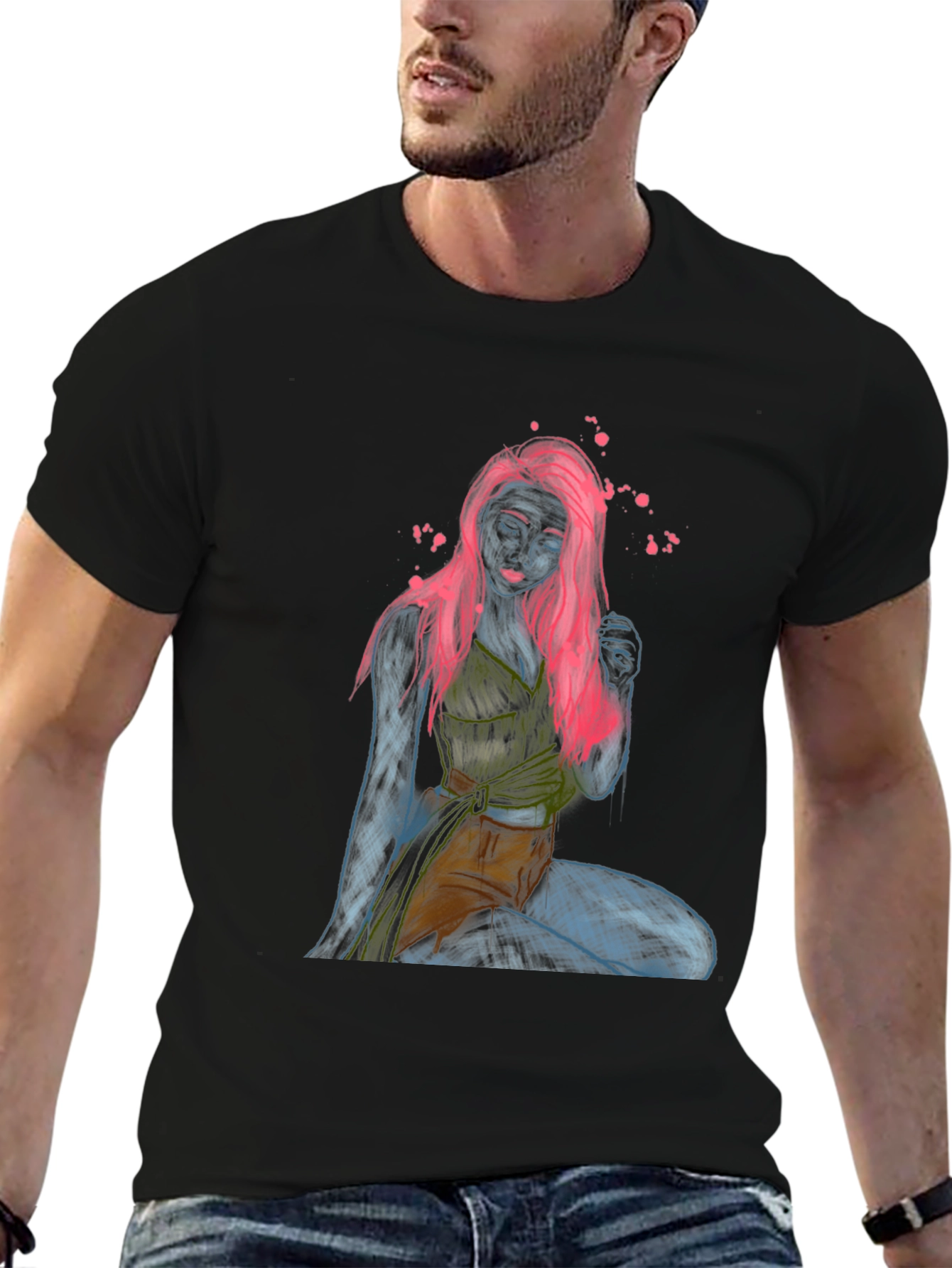 Unique Graphic T-Shirt: Neon Sketch Woman Design