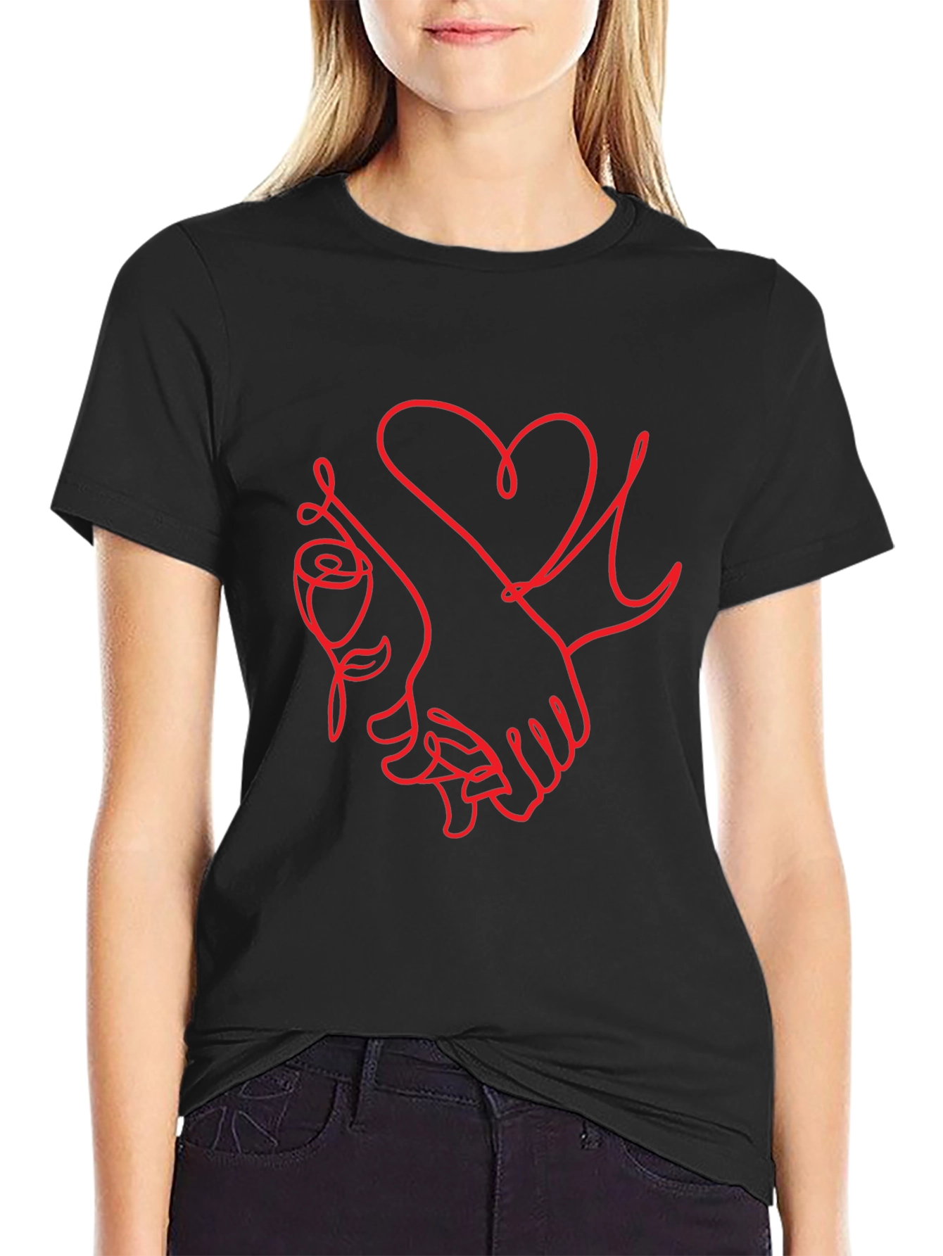 Heart & Rose Line Art Graphic Tee - Black