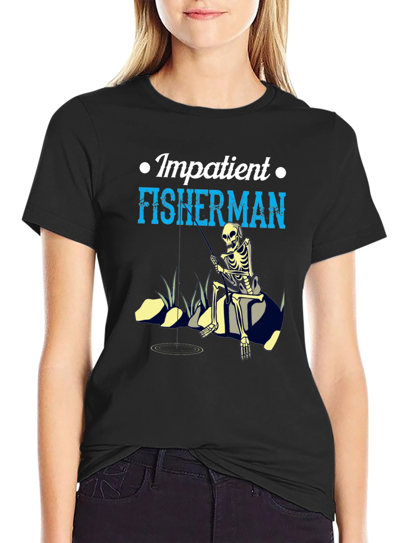 Impatient Fisherman Graphic T-Shirt - Skeleton Design