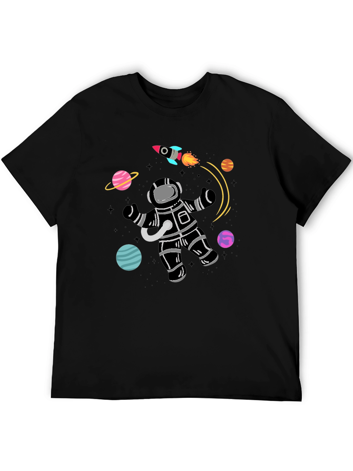 Astronaut Planets Graphic Tee - Black Cotton T-Shirt