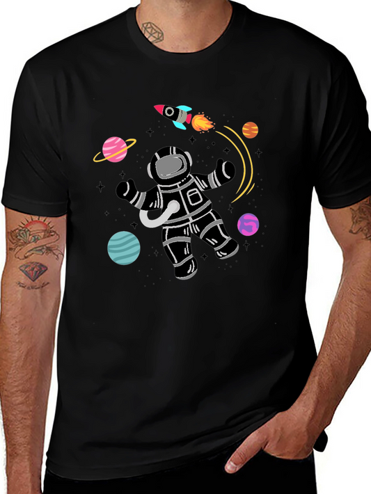 Astronaut Planets Graphic Tee - Black Cotton T-Shirt
