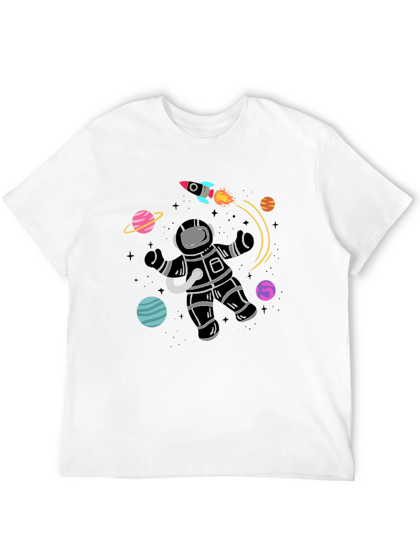 Astronaut Planets Graphic Tee - Black Cotton T-Shirt