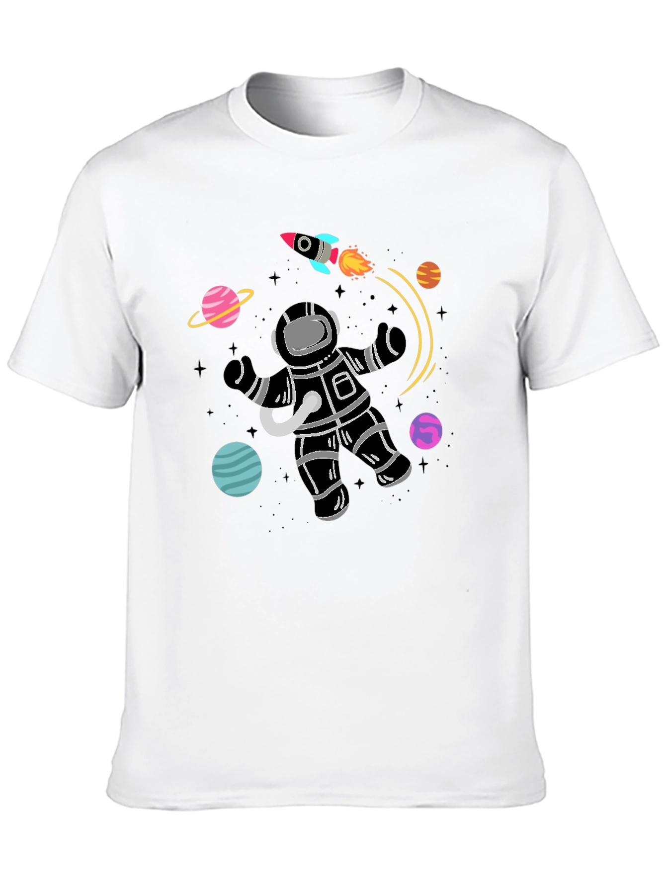 Astronaut Planets Graphic Tee - Black Cotton T-Shirt