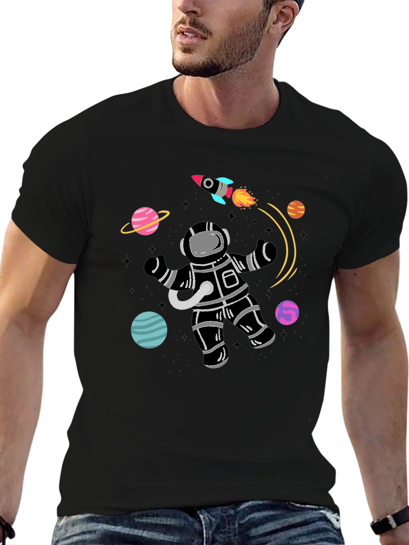 Astronaut Planets Graphic Tee - Black Cotton T-Shirt