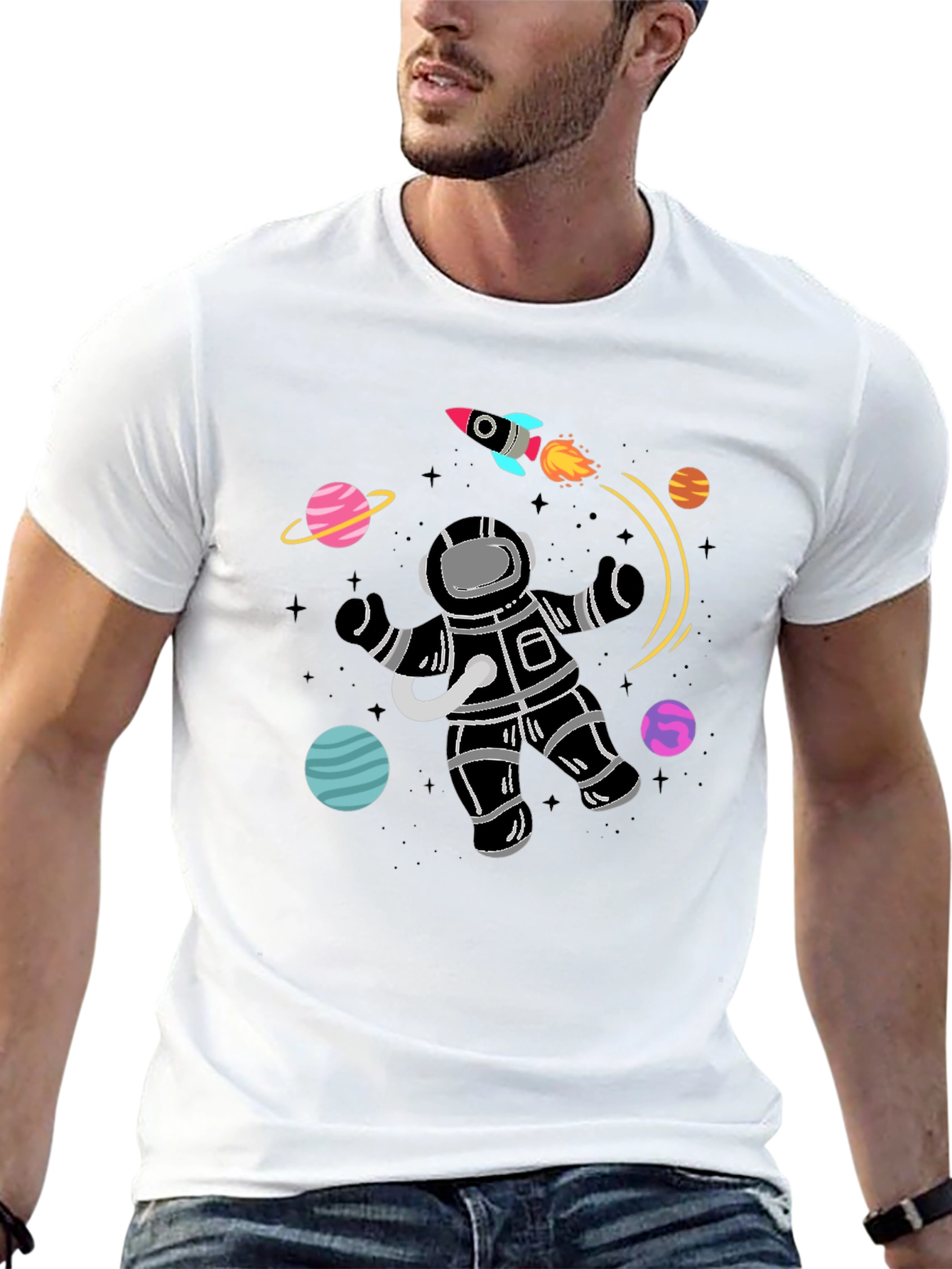 Astronaut Planets Graphic Tee - Black Cotton T-Shirt