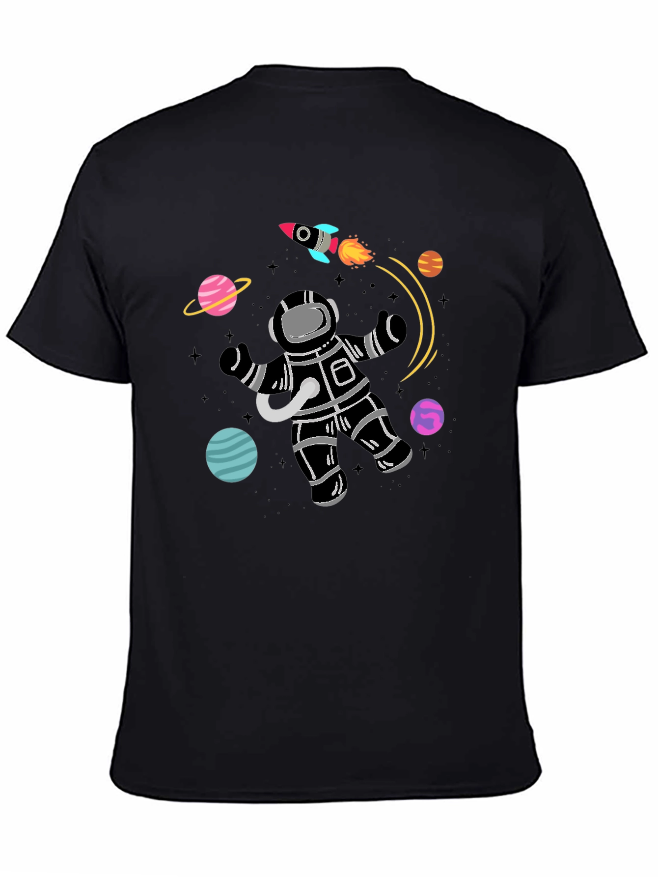 Astronaut Planets Graphic Tee - Black Cotton T-Shirt