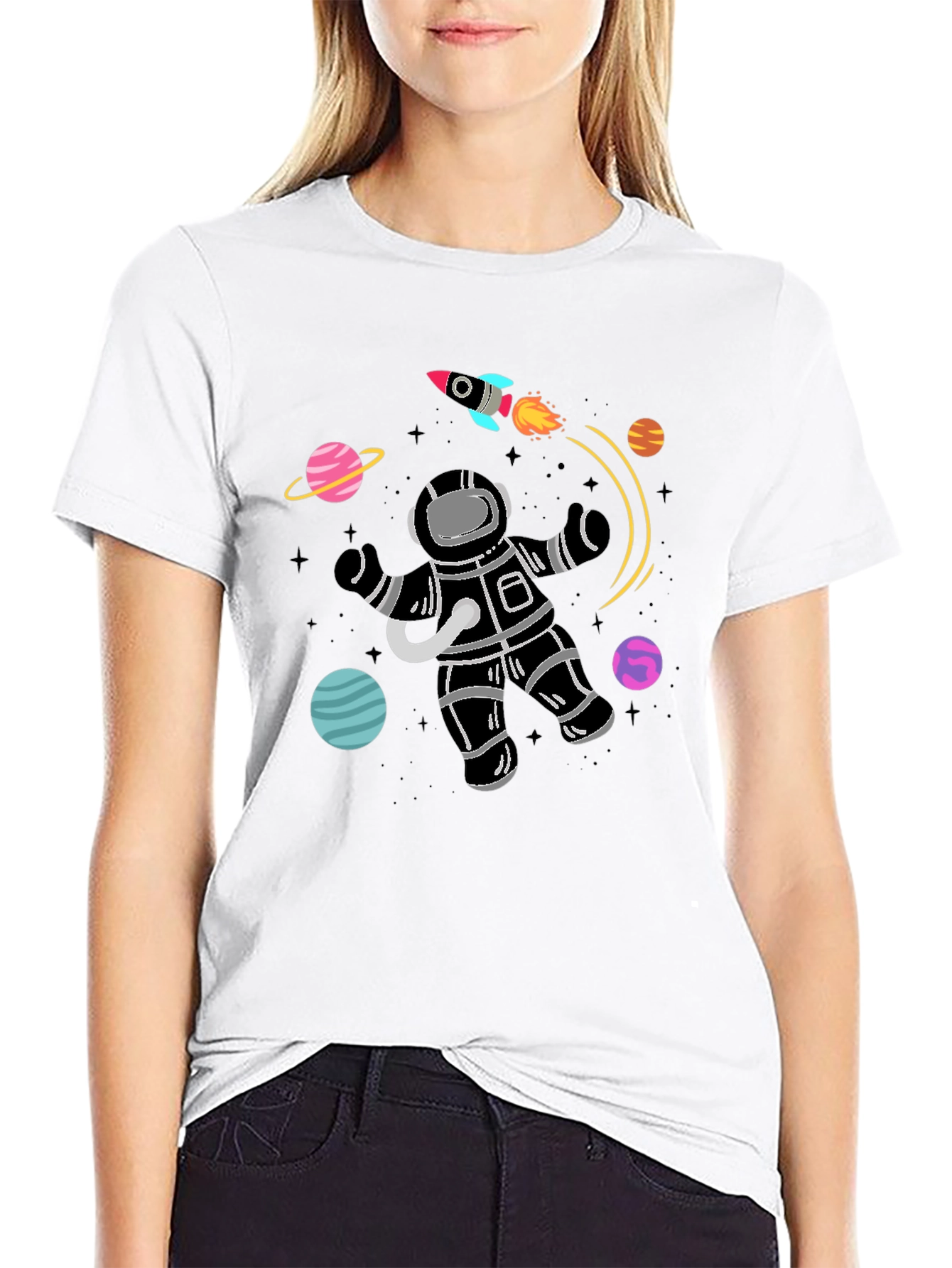 Astronaut Planets Graphic Tee - Black Cotton T-Shirt