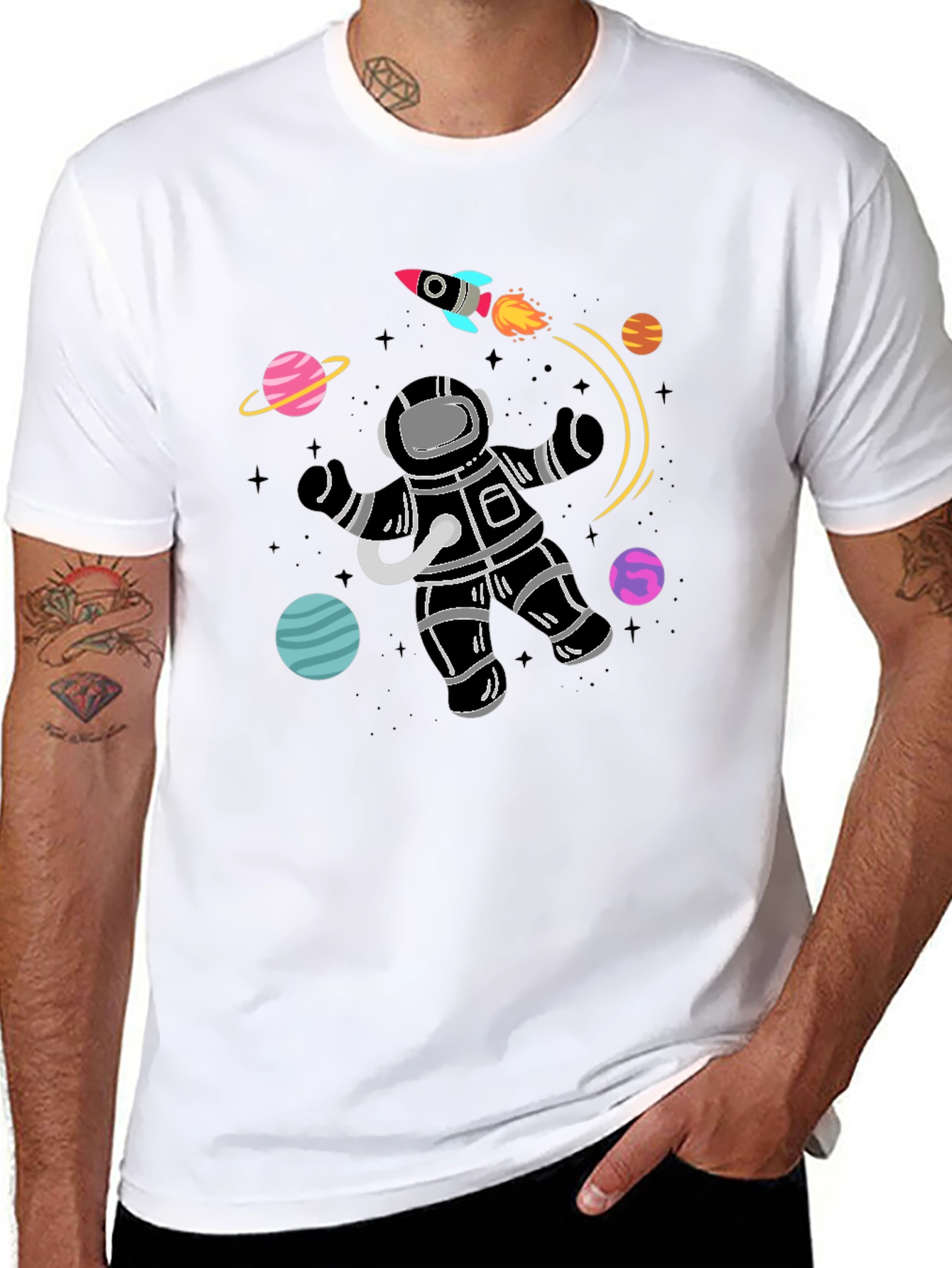 Astronaut Planets Graphic Tee - Black Cotton T-Shirt