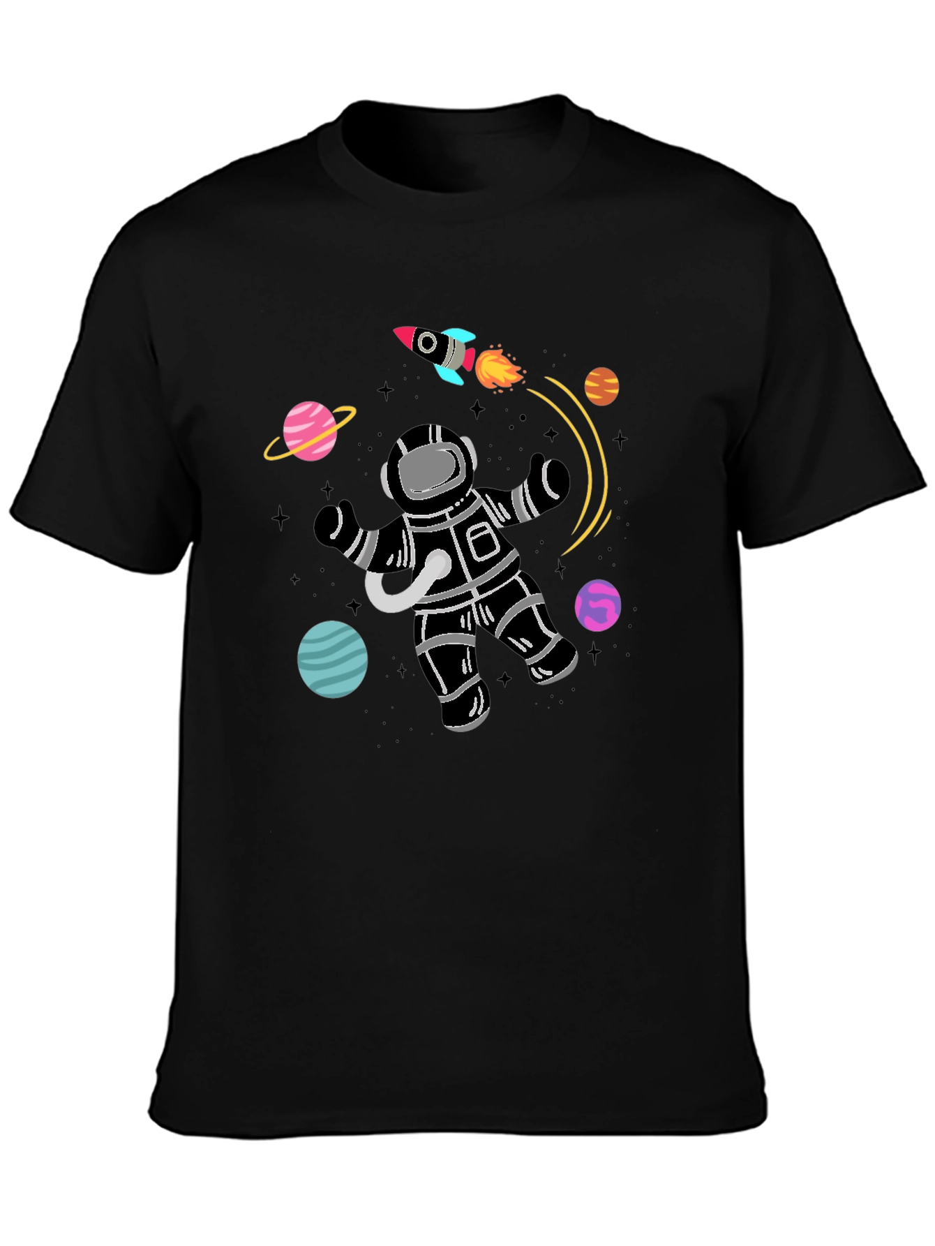 Astronaut Planets Graphic Tee - Black Cotton T-Shirt