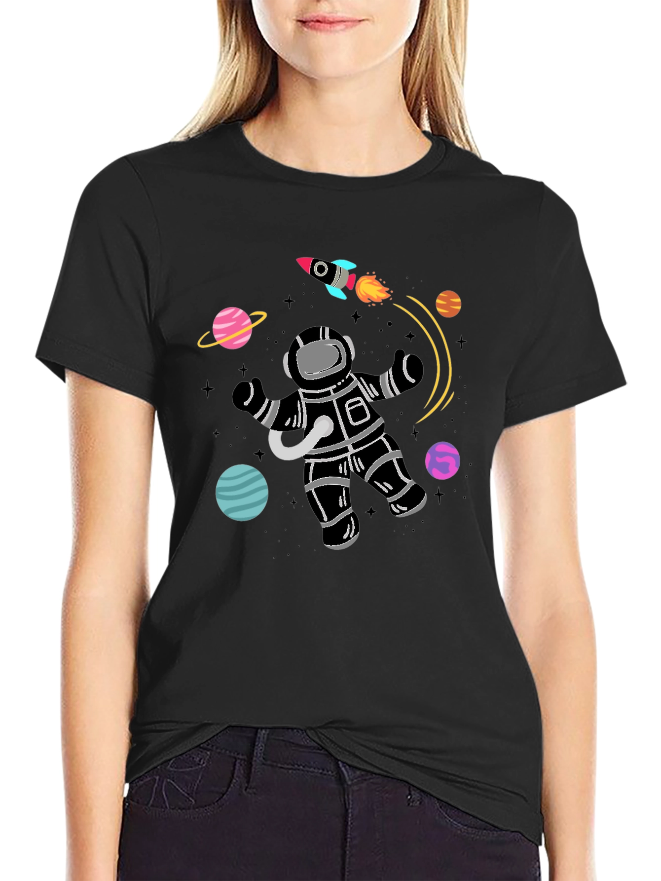 Astronaut Planets Graphic Tee - Black Cotton T-Shirt