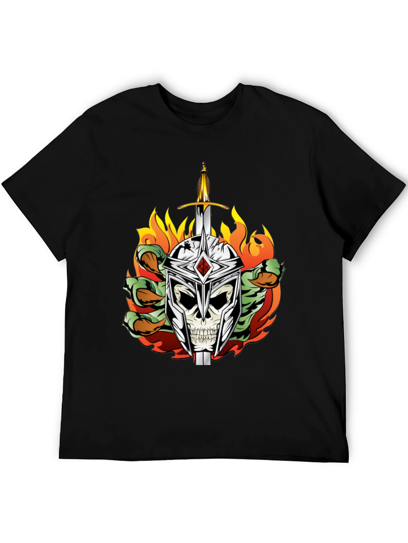 Skull Knight Sword Flames Graphic Tee